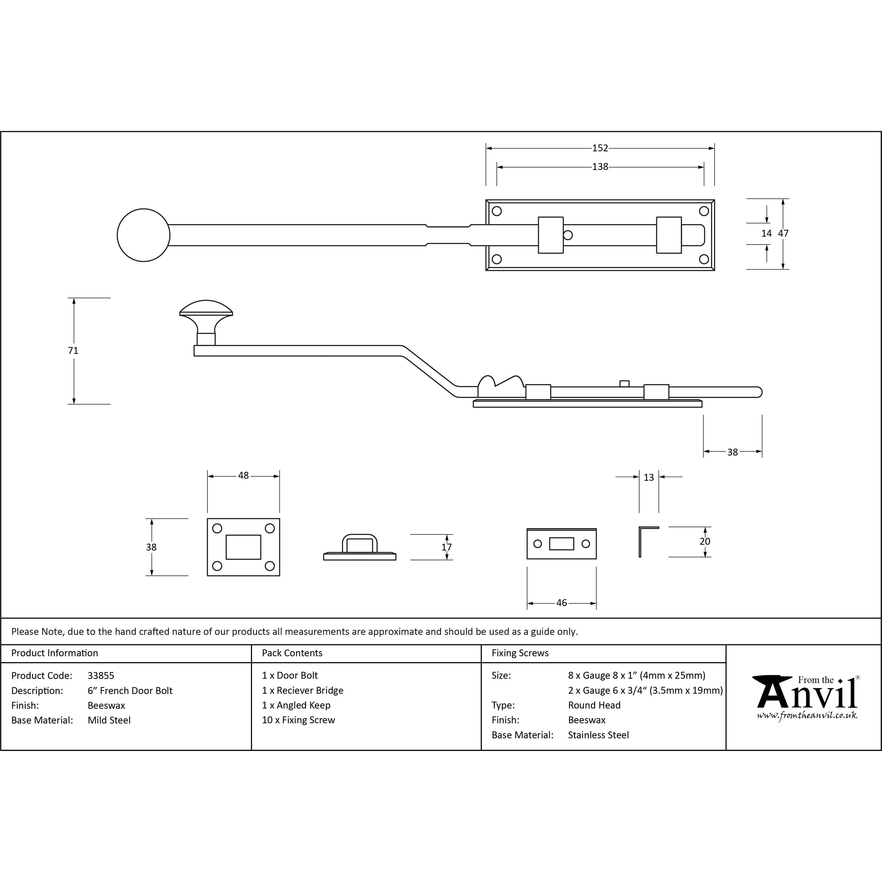 Beeswax 6" French Door Bolt | From The Anvil-Bolts-Yester Home