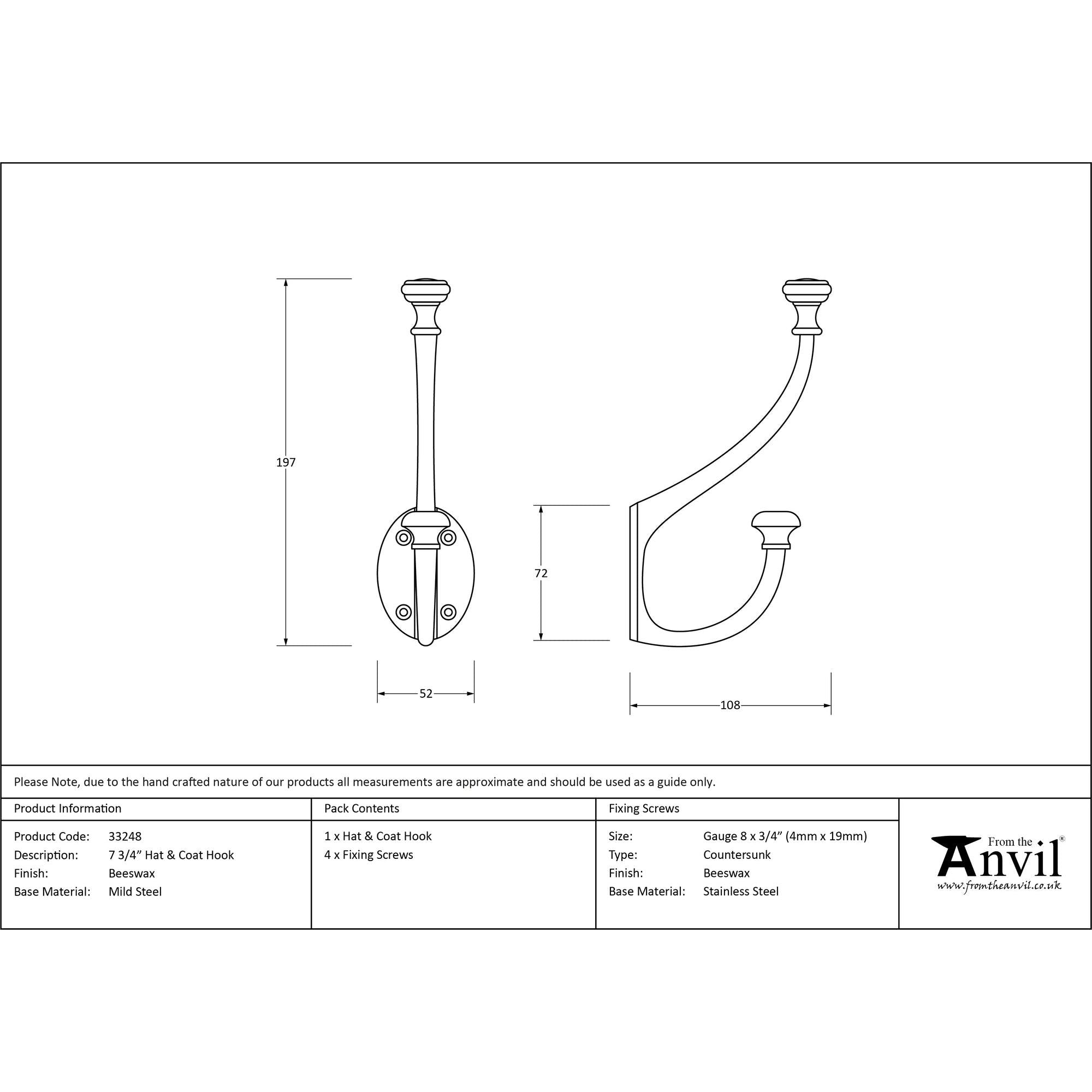Beeswax 7 3/4" Hat & Coat Hook | From The Anvil - Coat Hooks - From The Anvil - Yester Home