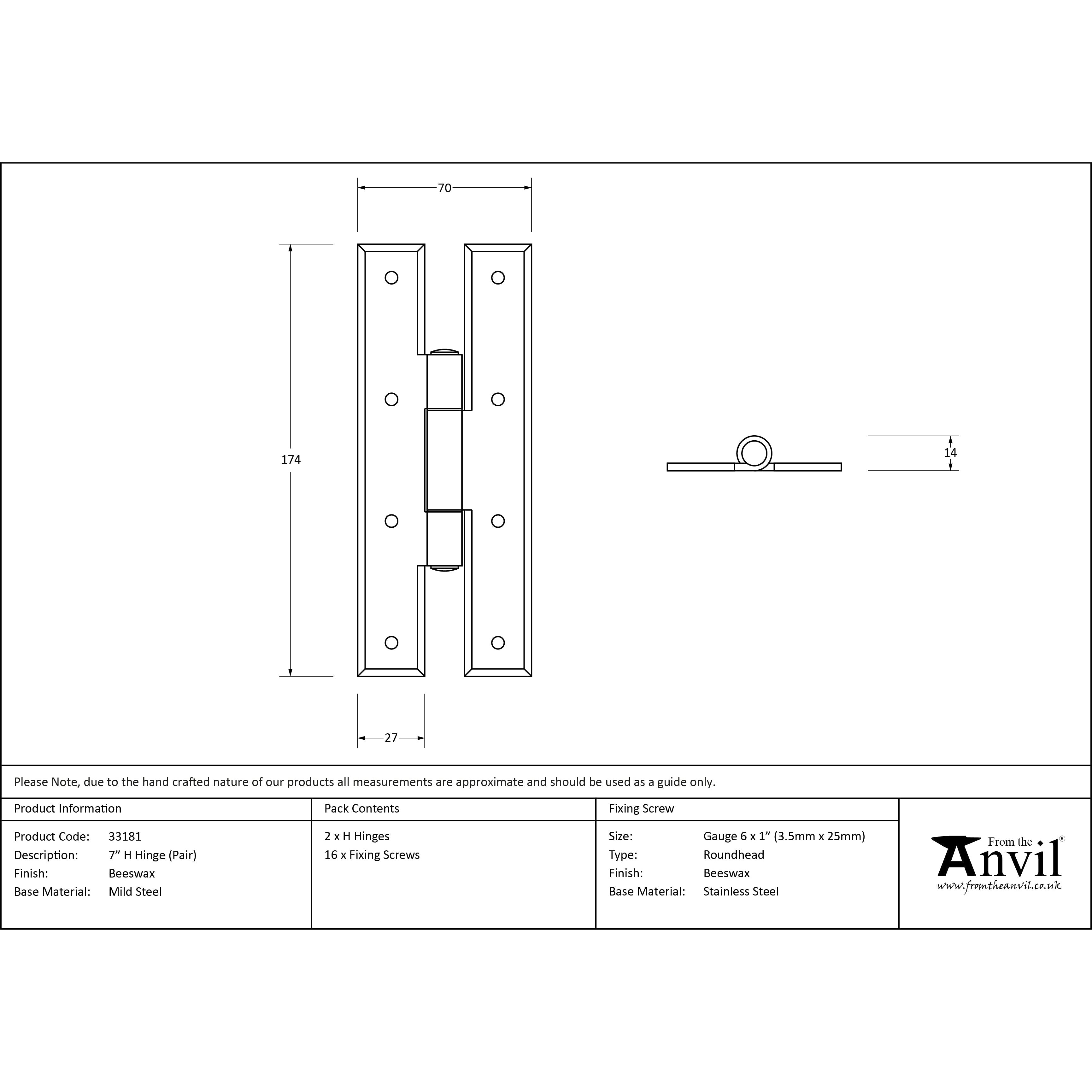 Beeswax 7" H Hinge (pair) | From The Anvil-H & HL Hinges-Yester Home