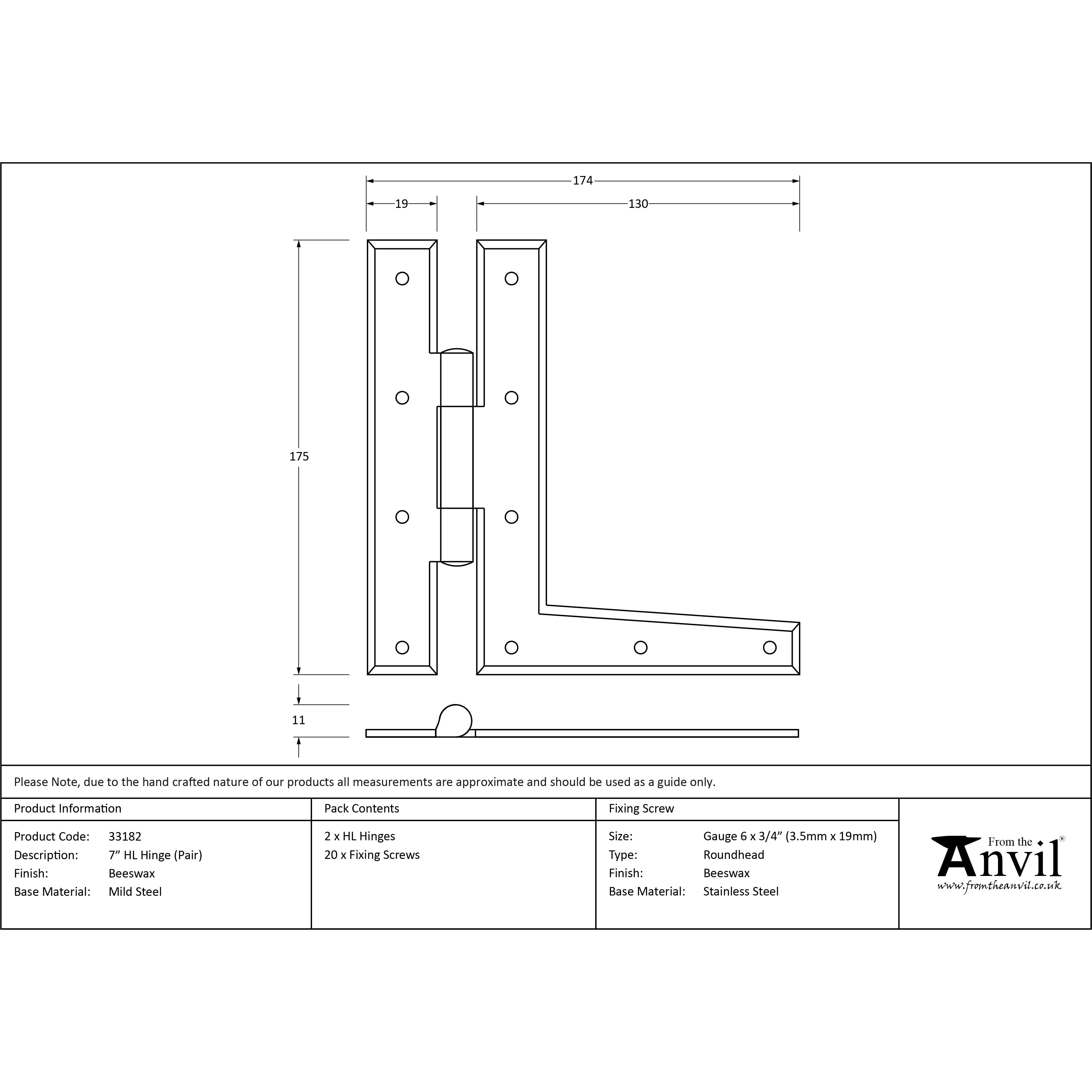 Beeswax 7" HL Hinge (pair) | From The Anvil-H & HL Hinges-Yester Home