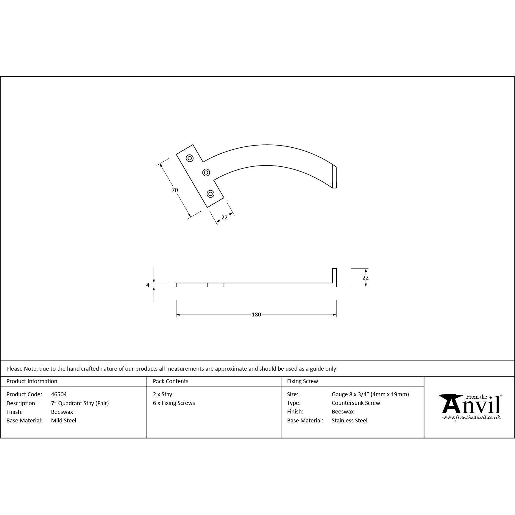 Beeswax 7" Quadrant Stay (Pair) | From The Anvil - Stays - From The Anvil - Yester Home