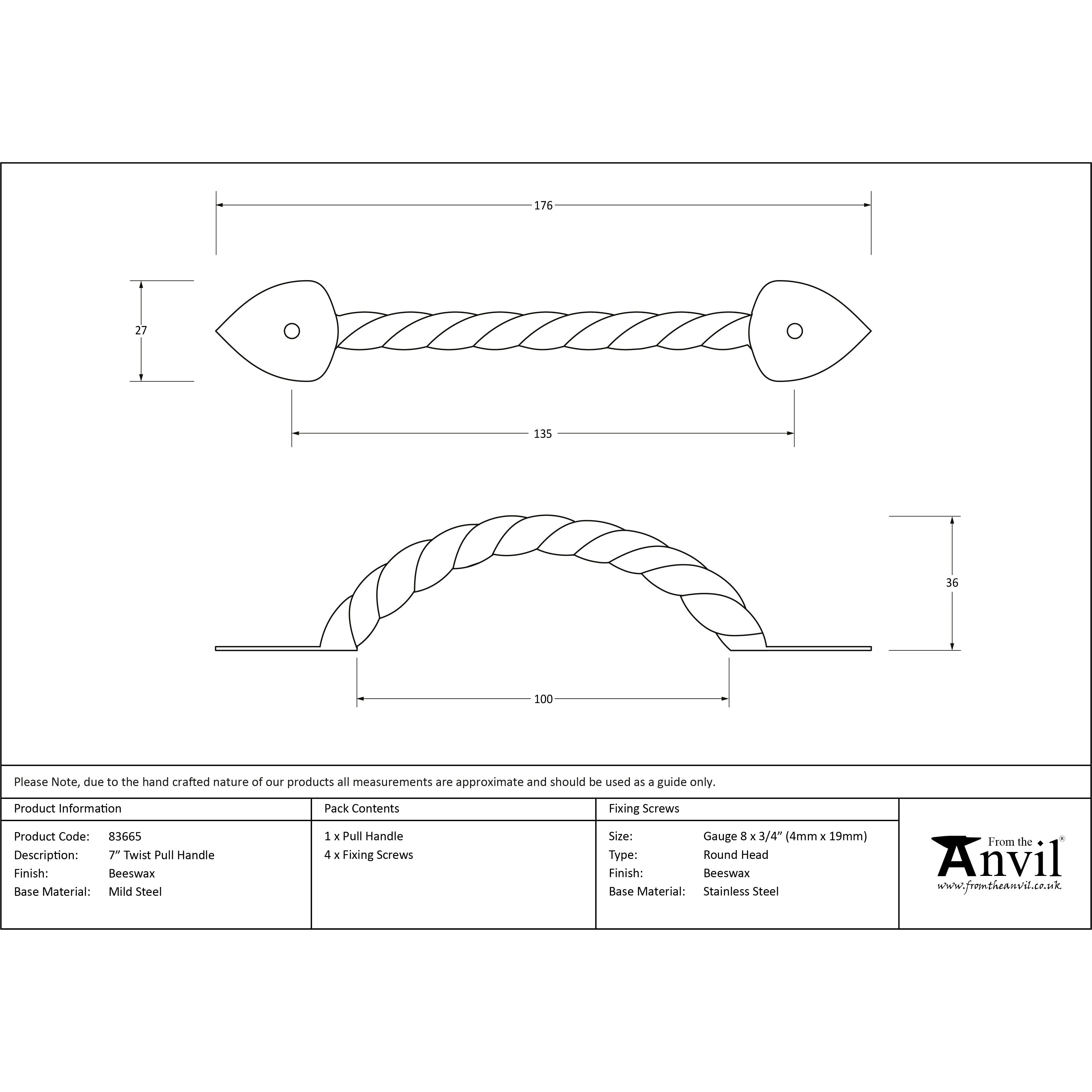 Beeswax 7" Twist Pull Handle | From The Anvil-Pull Handles-Yester Home