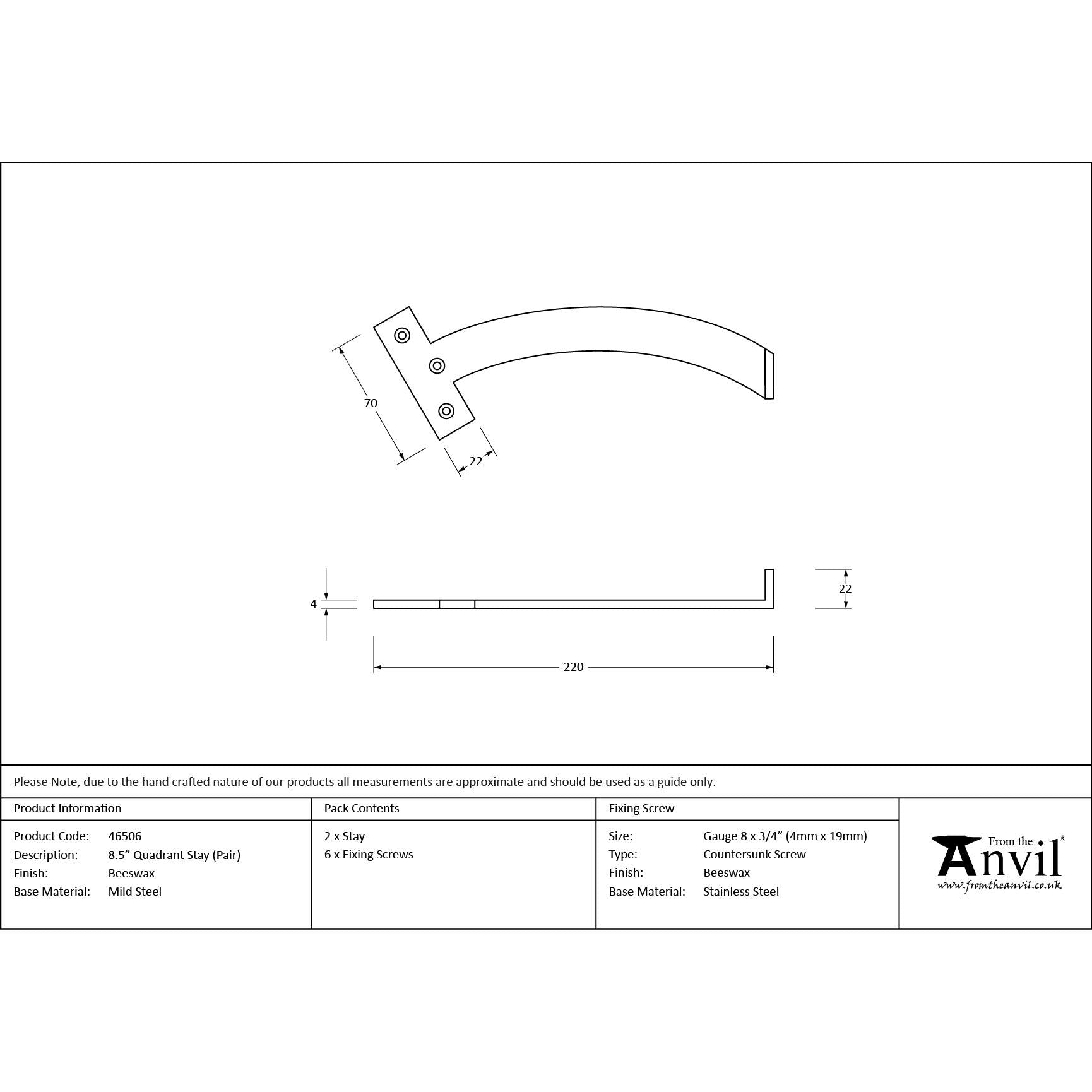 Beeswax 8.5" Quadrant Stay (Pair) | From The Anvil - Stays - From The Anvil - Yester Home
