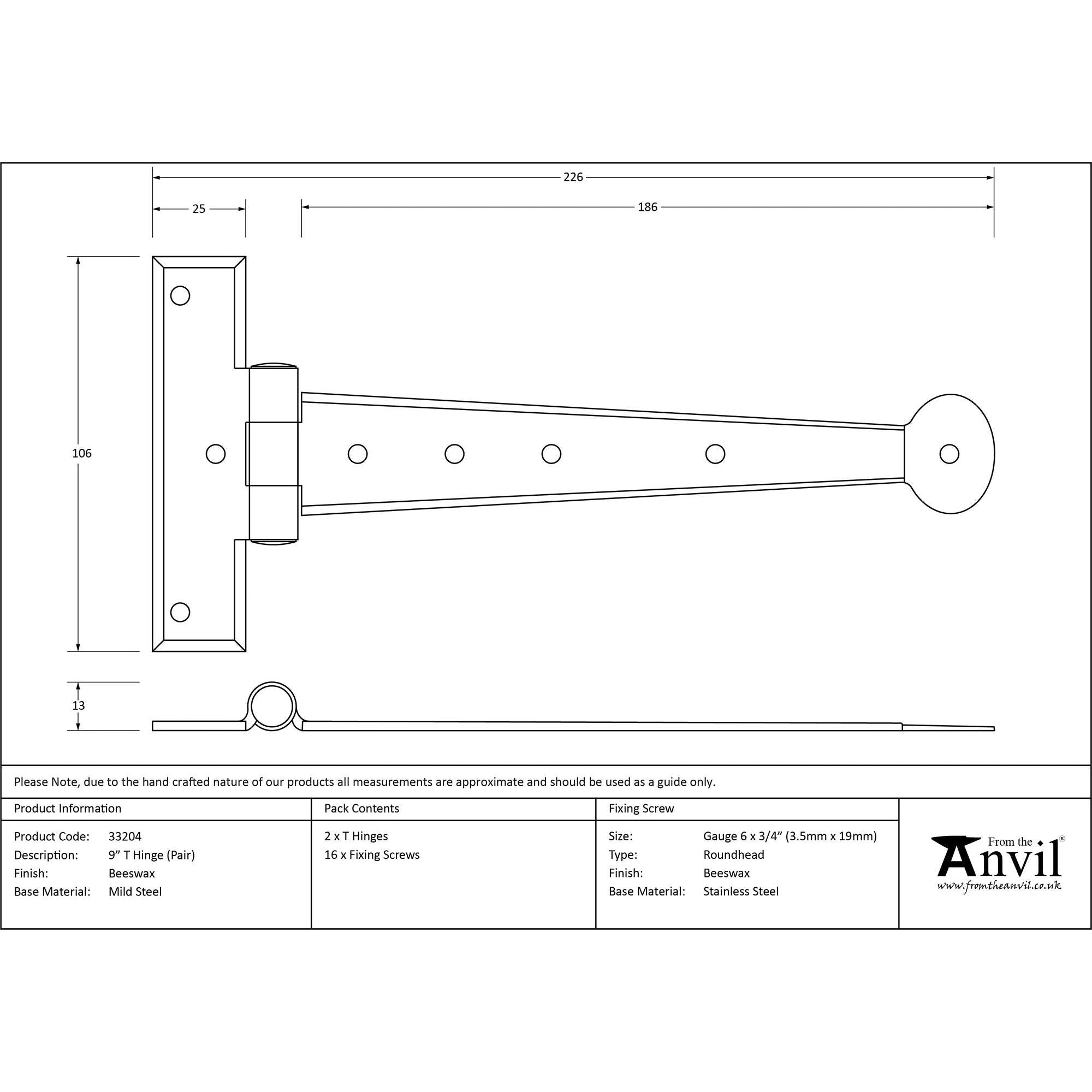 Beeswax 9" Penny End T Hinge (pair) | From The Anvil - T Hinges - From The Anvil - Yester Home