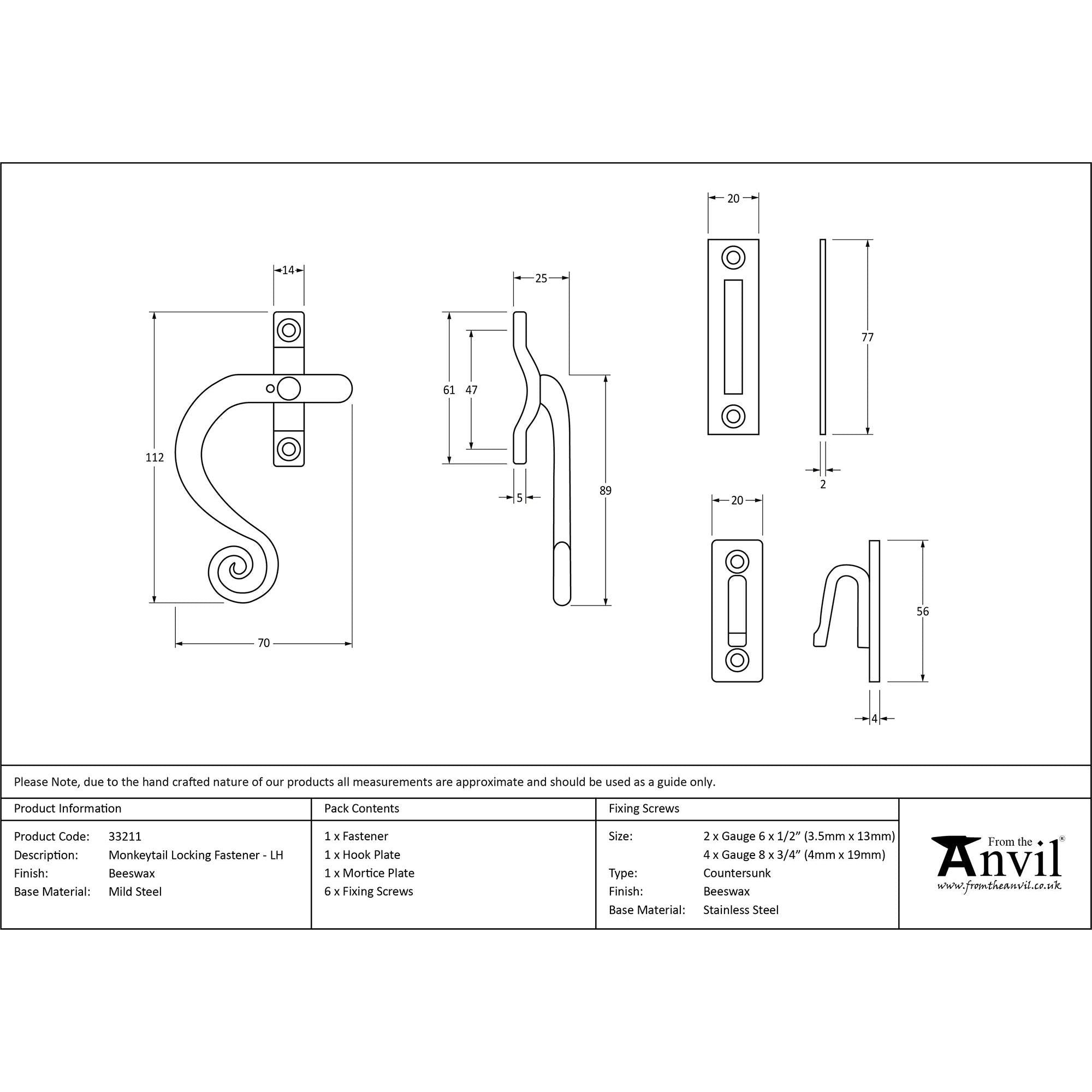 Beeswax Locking Monkeytail Fastener - LH | From The Anvil - Locking Fasteners - From The Anvil - Yester Home