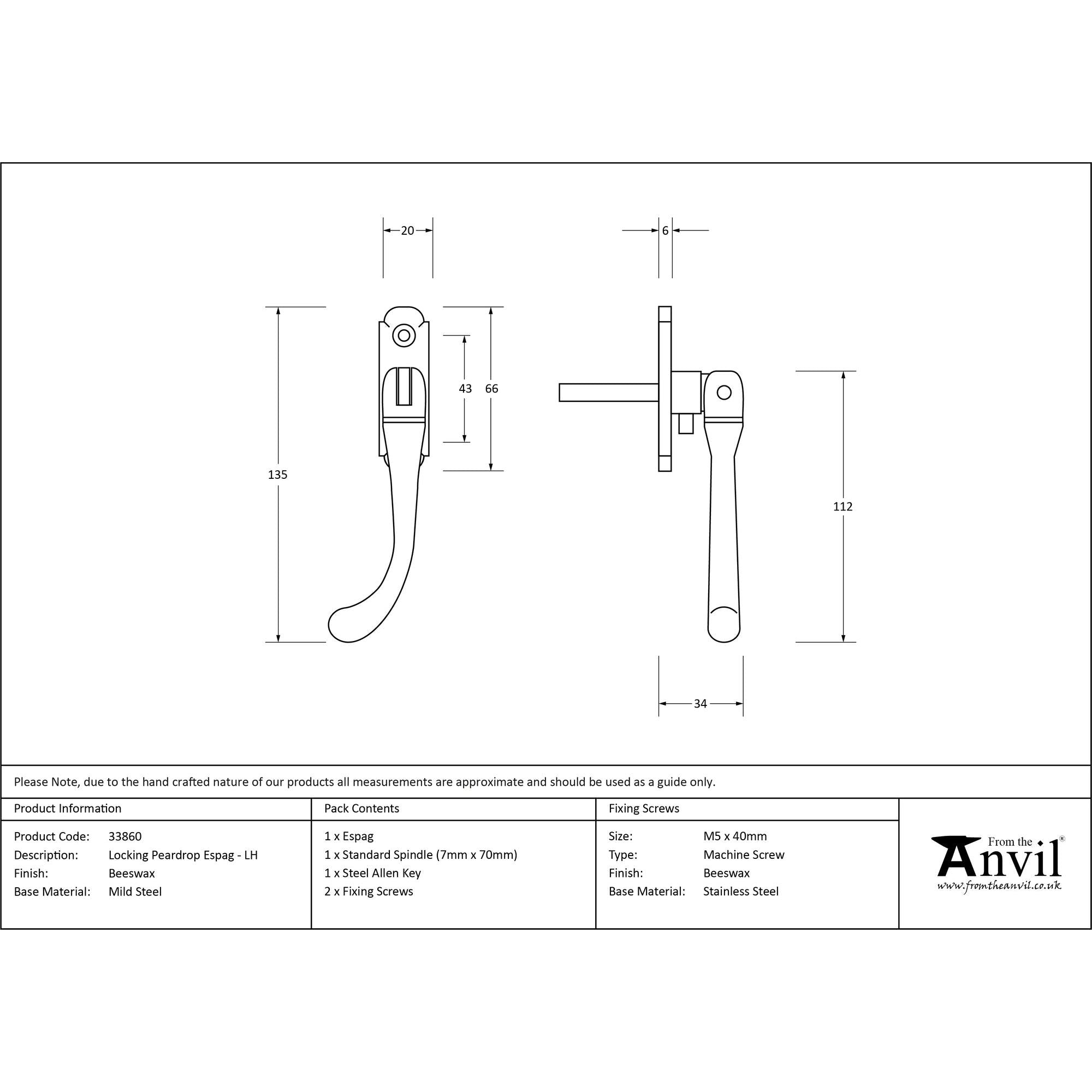 Beeswax Locking Peardrop Espag - LH | From The Anvil - Espag. Fasteners - From The Anvil - Yester Home