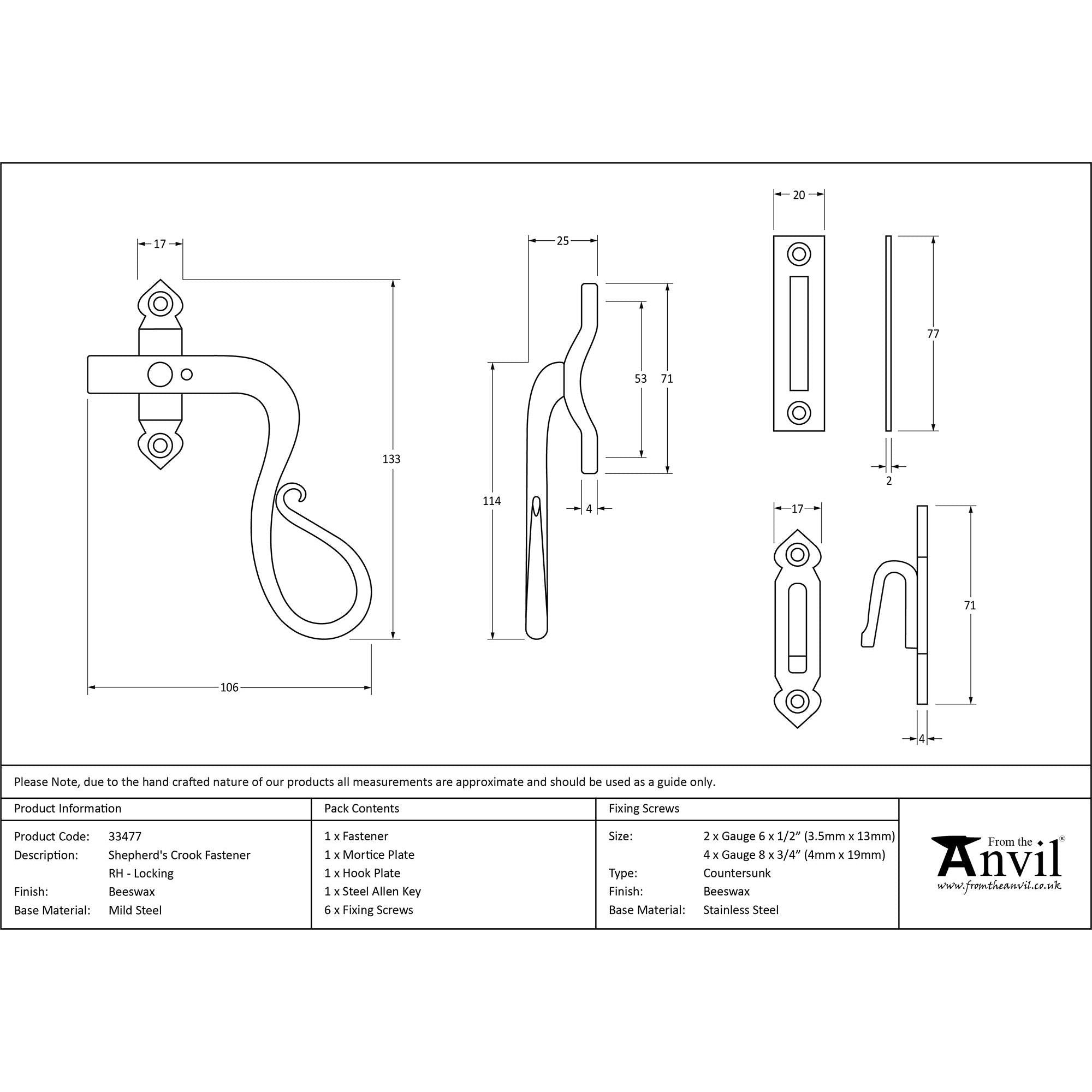 Beeswax Locking Shepherd's Crook Fastener - RH | From The Anvil - Locking Fasteners - From The Anvil - Yester Home