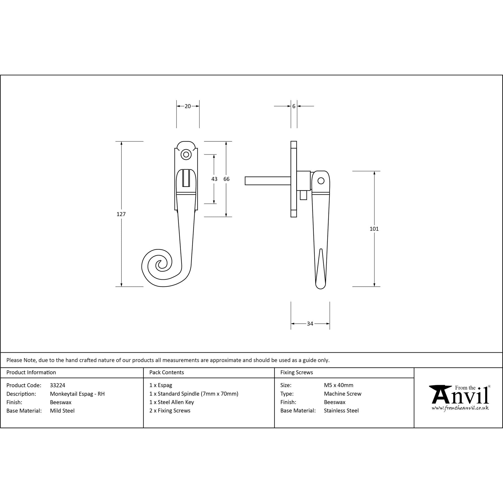 Beeswax Monkeytail Espag - RH | From The Anvil - Espag. Fasteners - From The Anvil - Yester Home