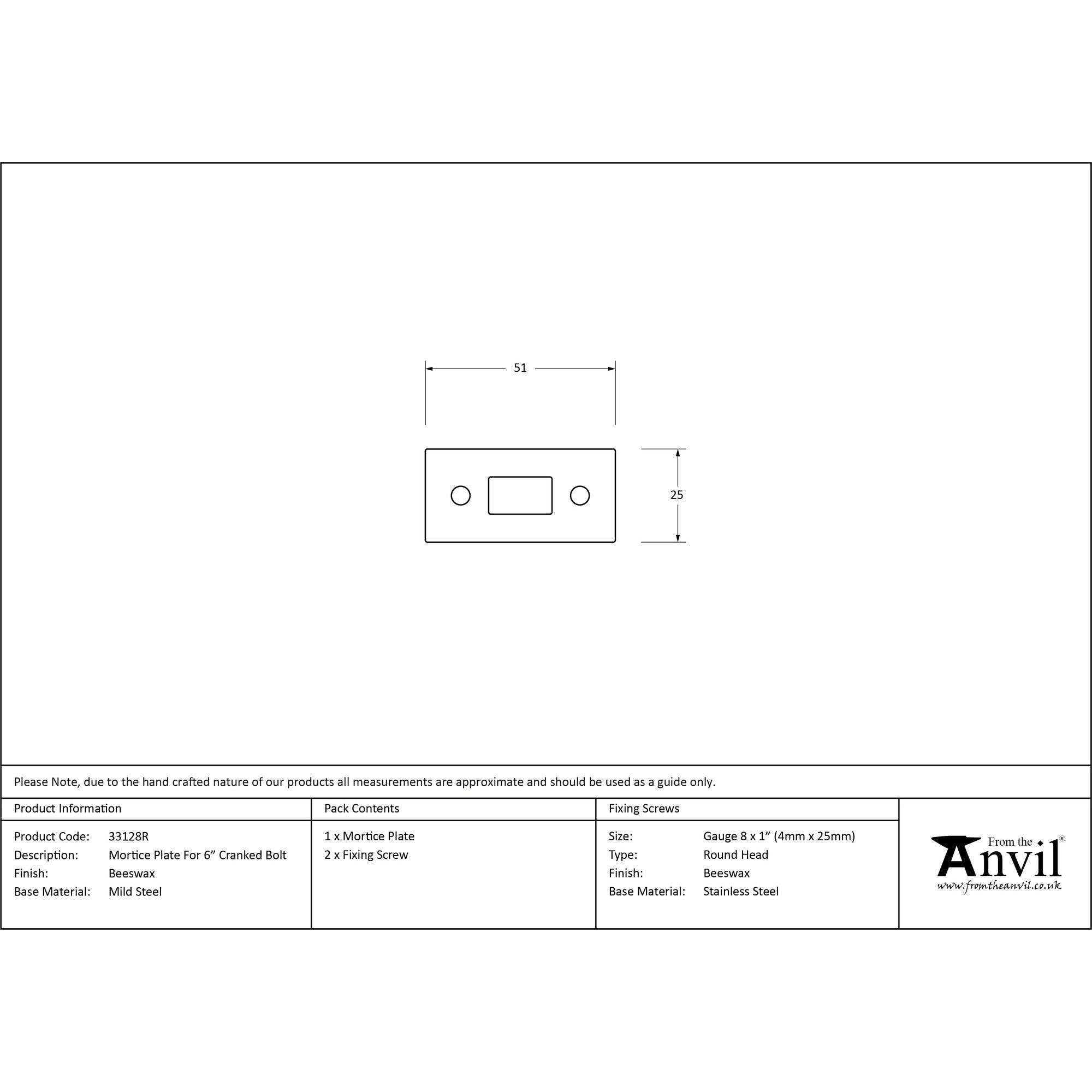 Beeswax Mortice Plate for 6" Cranked Door Bolt | From The Anvil - Bolt Accessories - From The Anvil - Yester Home