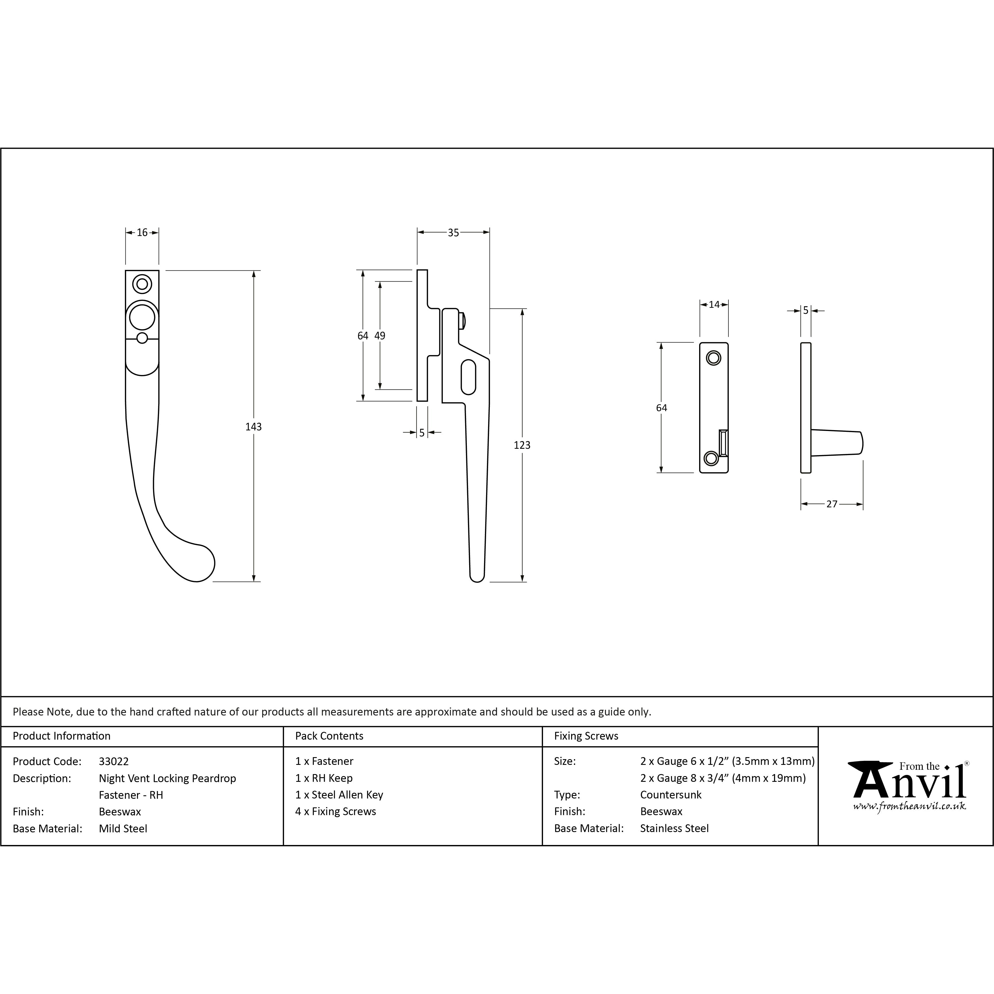 Beeswax Night-Vent Locking Peardrop Fastener - RH | From The Anvil-Night-Vent Fasteners-Yester Home