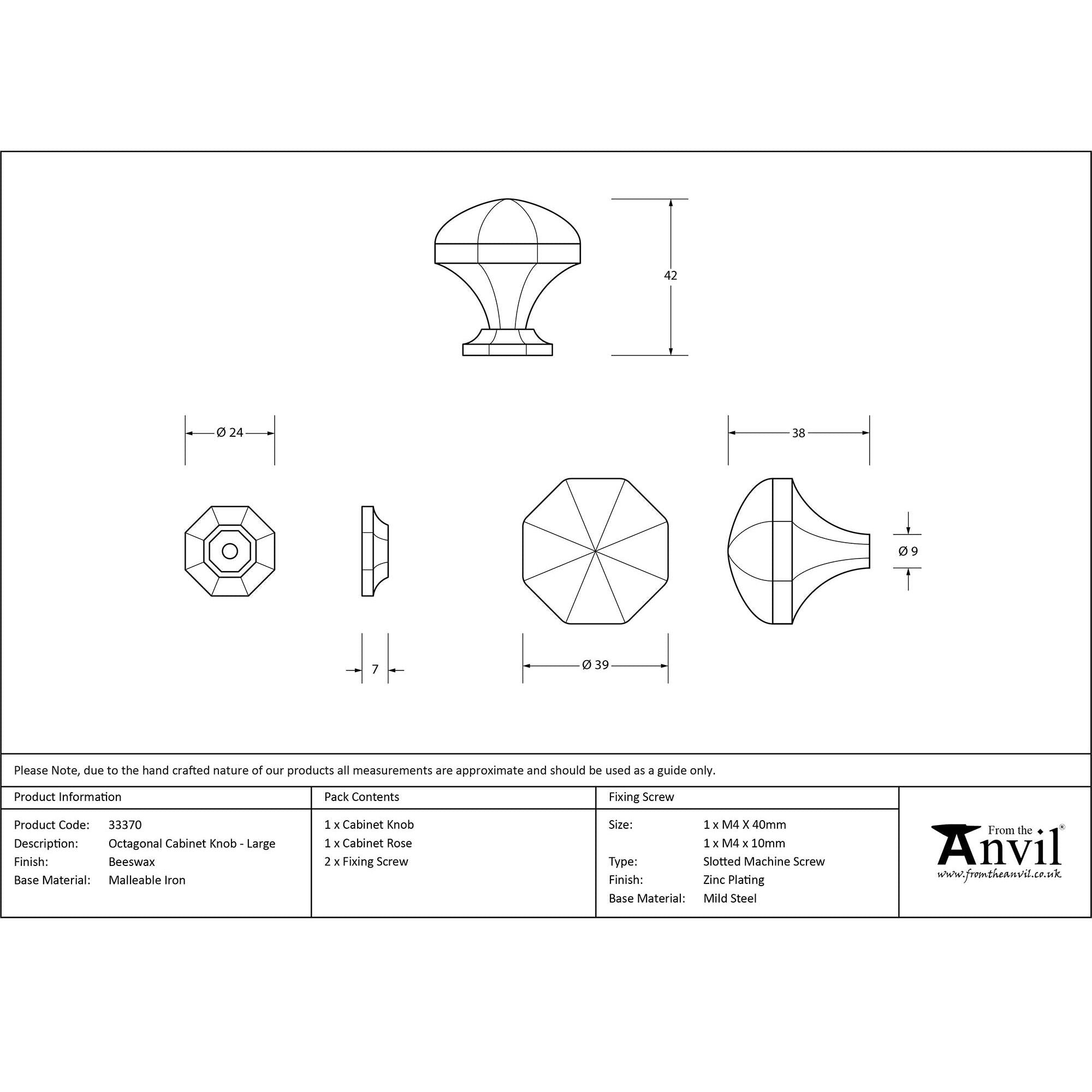 Beeswax Octagonal Cabinet Knob - Large | From The Anvil - Cabinet Knobs - From The Anvil - Yester Home