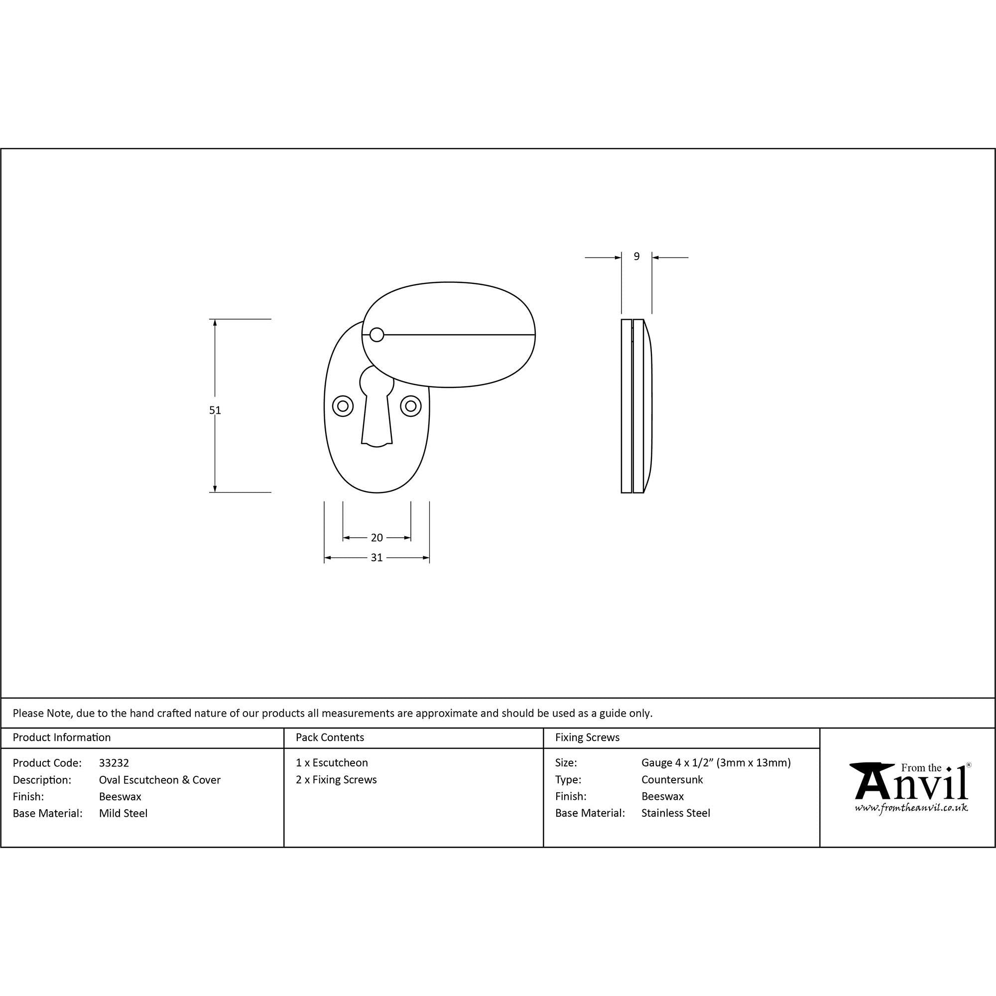 Beeswax Oval Escutcheon & Cover | From The Anvil - Escutcheons - From The Anvil - Yester Home