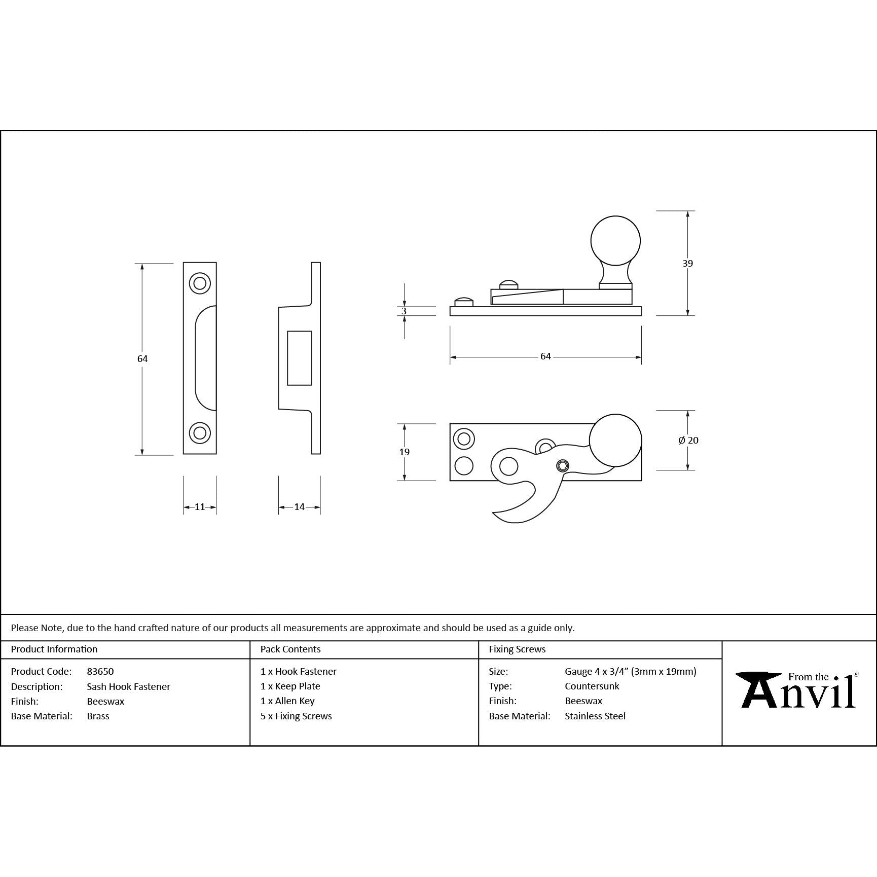 Beeswax Sash Hook Fastener | From The Anvil - Sash Hook Fasteners - From The Anvil - Yester Home