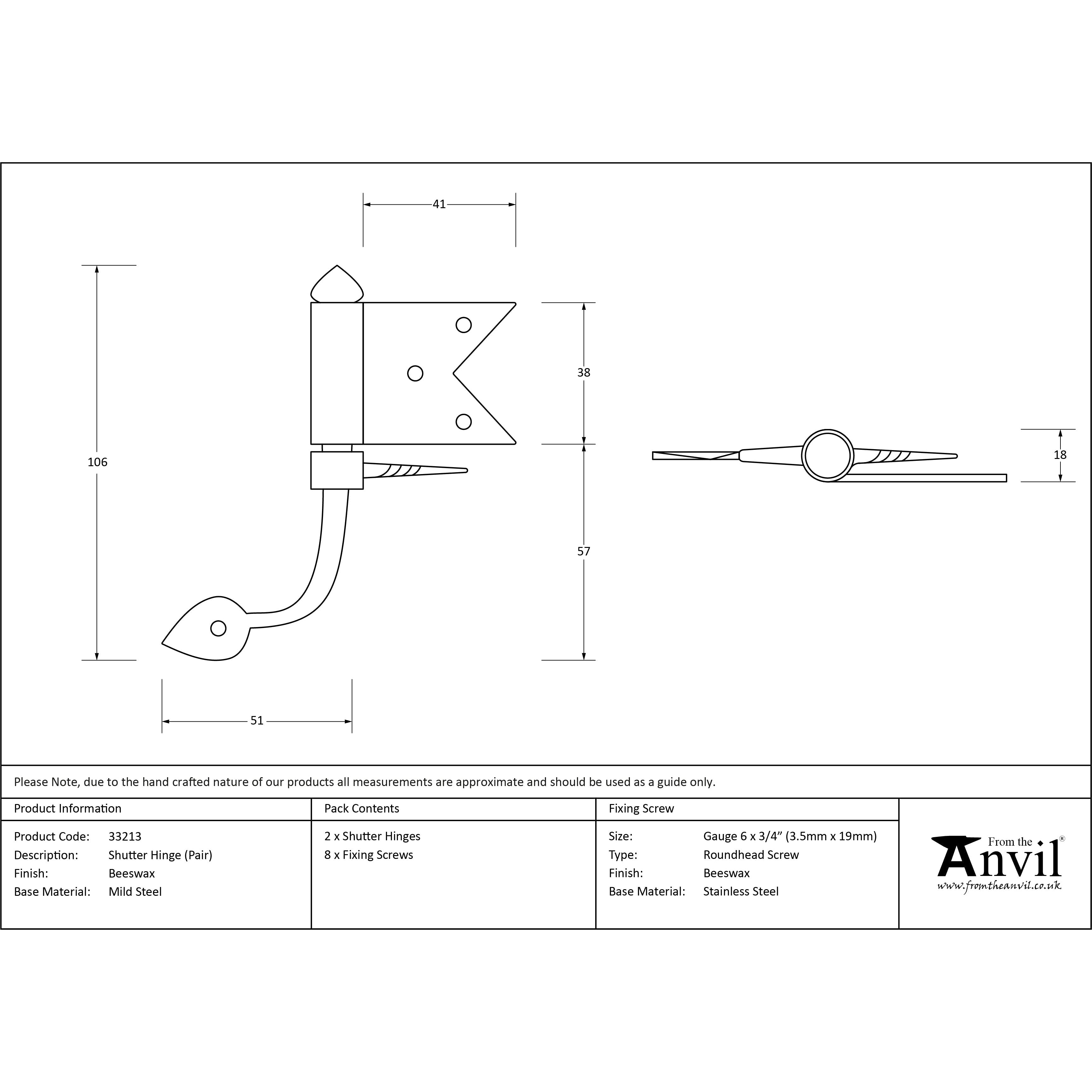 Beeswax Shutter Hinge (pair) | From The Anvil-Shutter Hinges-Yester Home