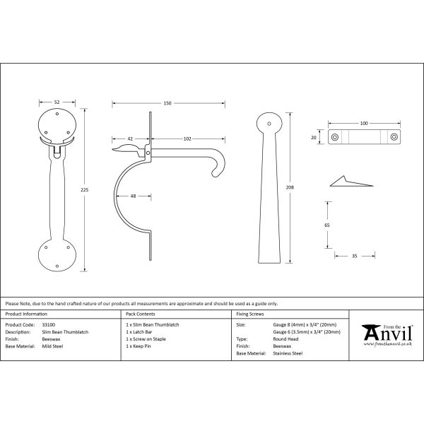 Beeswax Slim Bean Thumblatch | From The Anvil - Thumblatches - From The Anvil - Yester Home