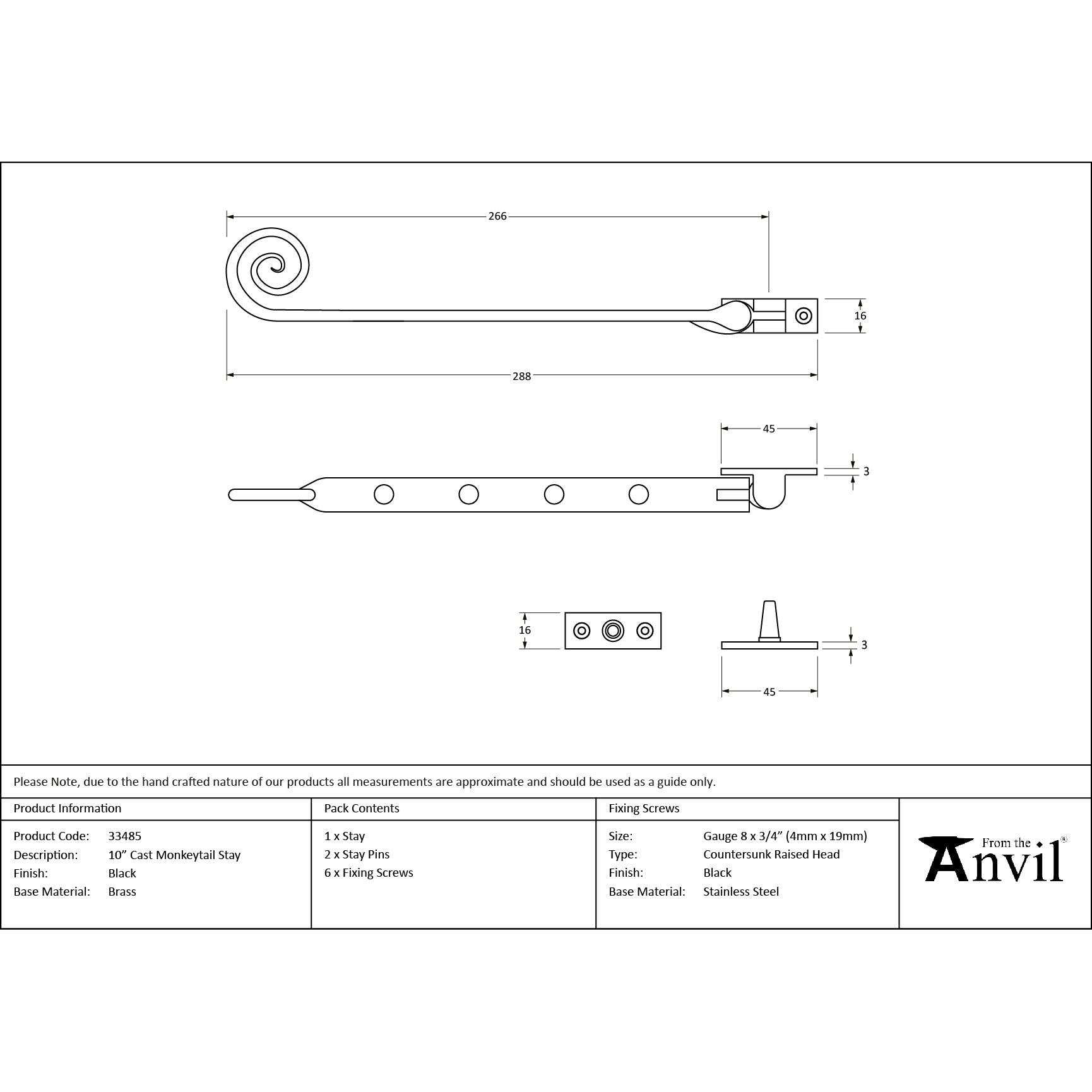 Black 10" Cast Monkeytail Stay | From The Anvil - Stays - From The Anvil - Yester Home