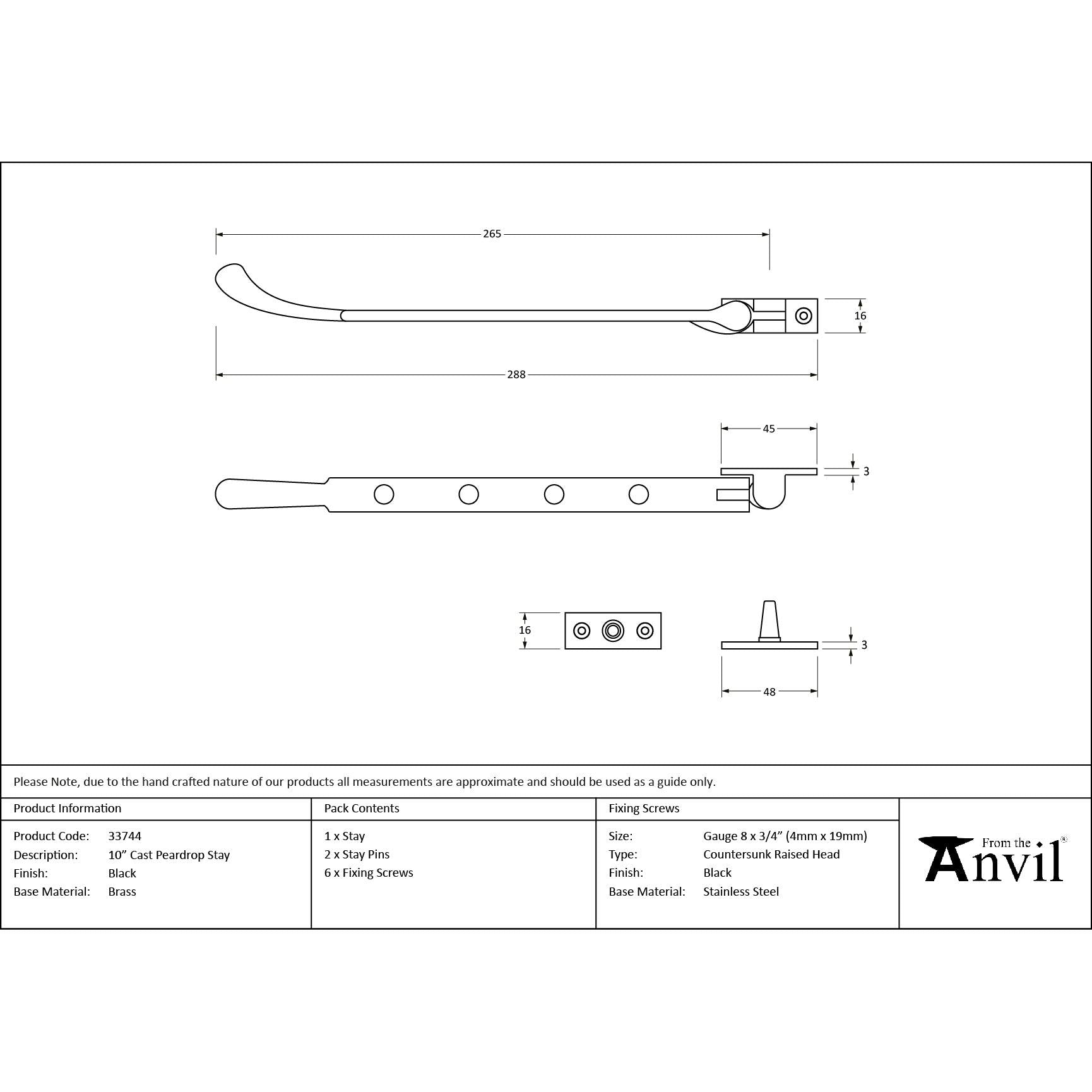 Black 10" Cast Peardrop Stay | From The Anvil - Stays - From The Anvil - Yester Home
