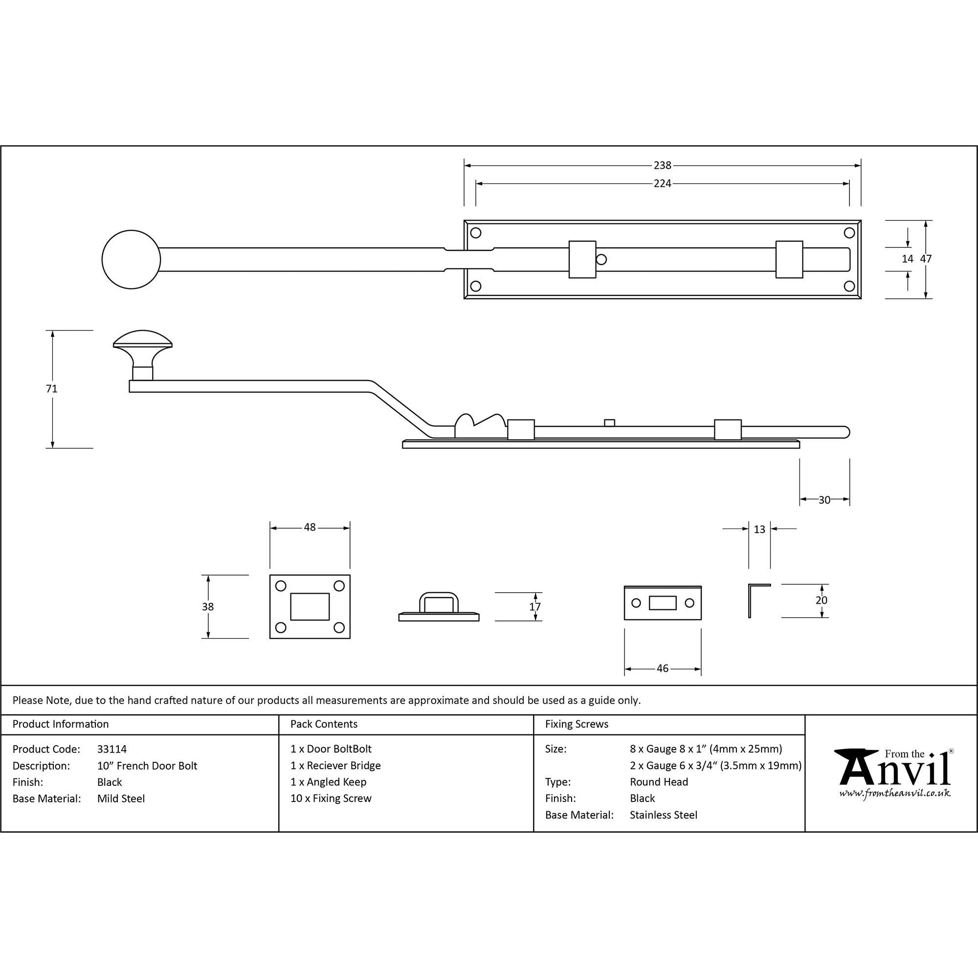 Black 10" French Door Bolt | From The Anvil - Bolts - From The Anvil - Yester Home