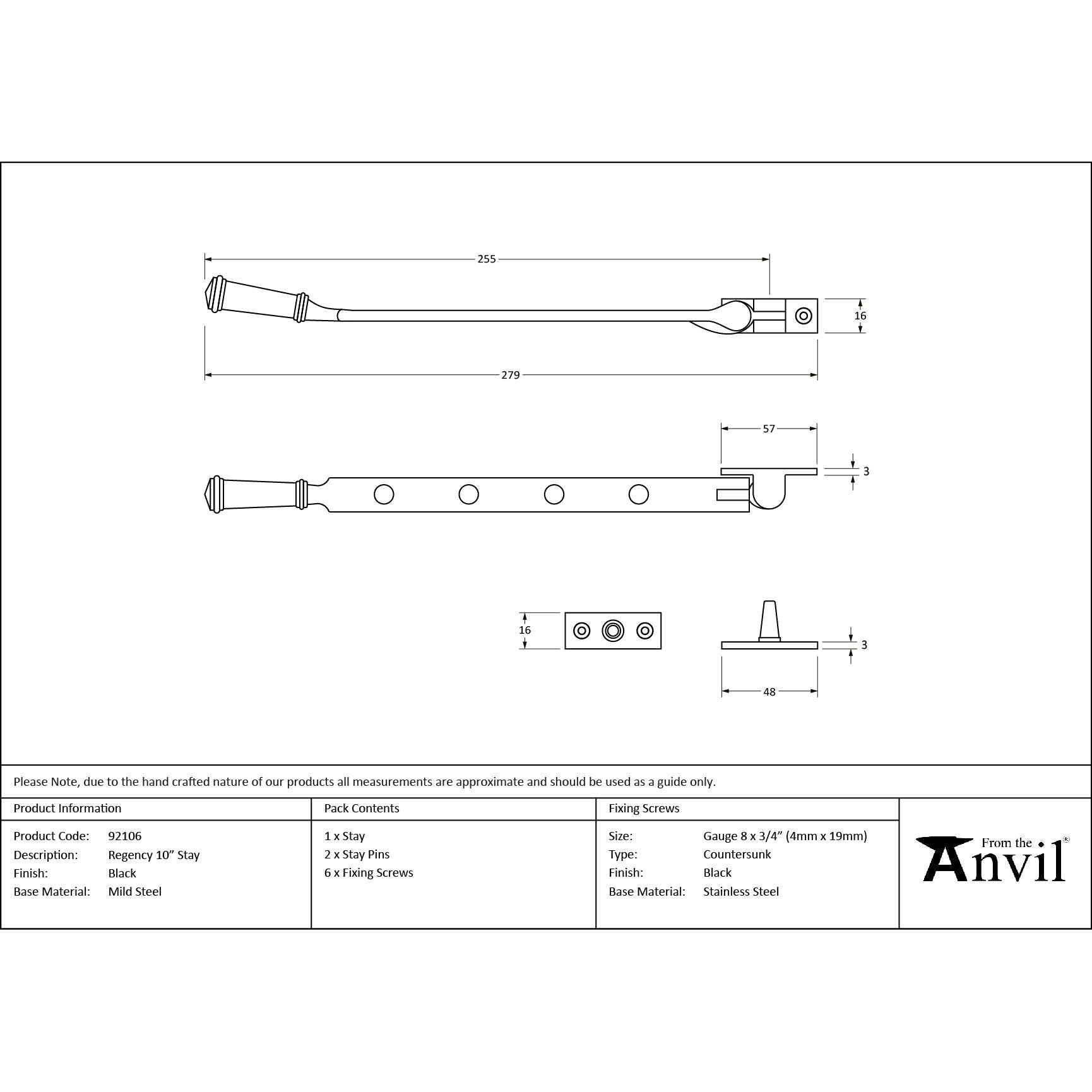 Black 10" Regency Stay | From The Anvil - Stays - From The Anvil - Yester Home