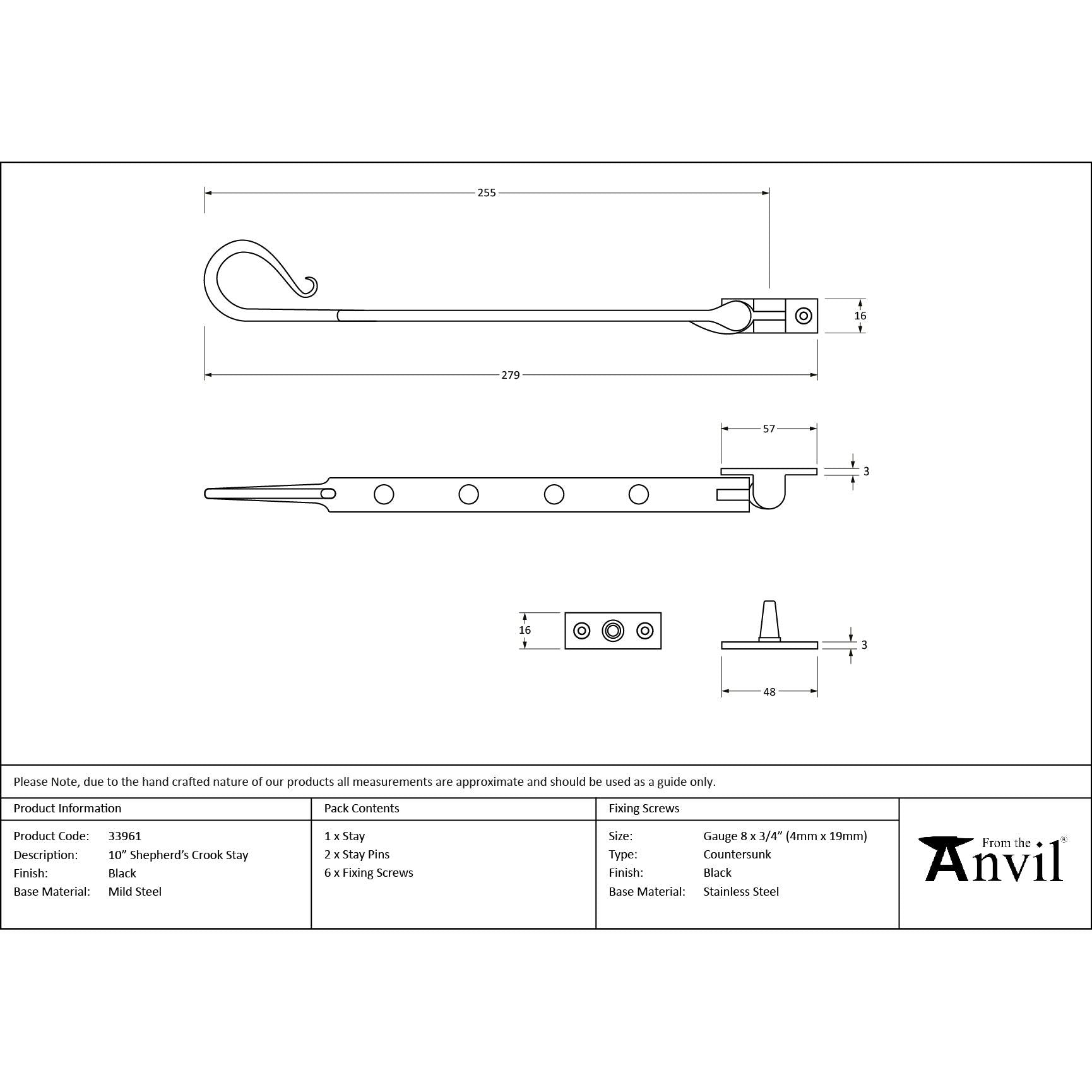 Black 10" Shepherd's Crook Stay | From The Anvil - Stays - From The Anvil - Yester Home