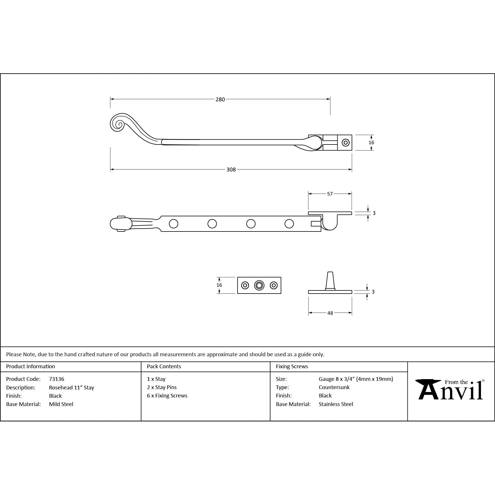 Black 11" Rosehead Stay | From The Anvil - Stays - From The Anvil - Yester Home