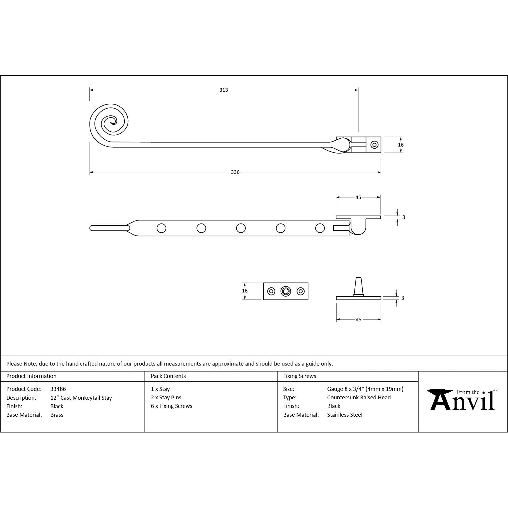 Black 12" Cast Monkeytail Stay | From The Anvil - Stays - From The Anvil - Yester Home