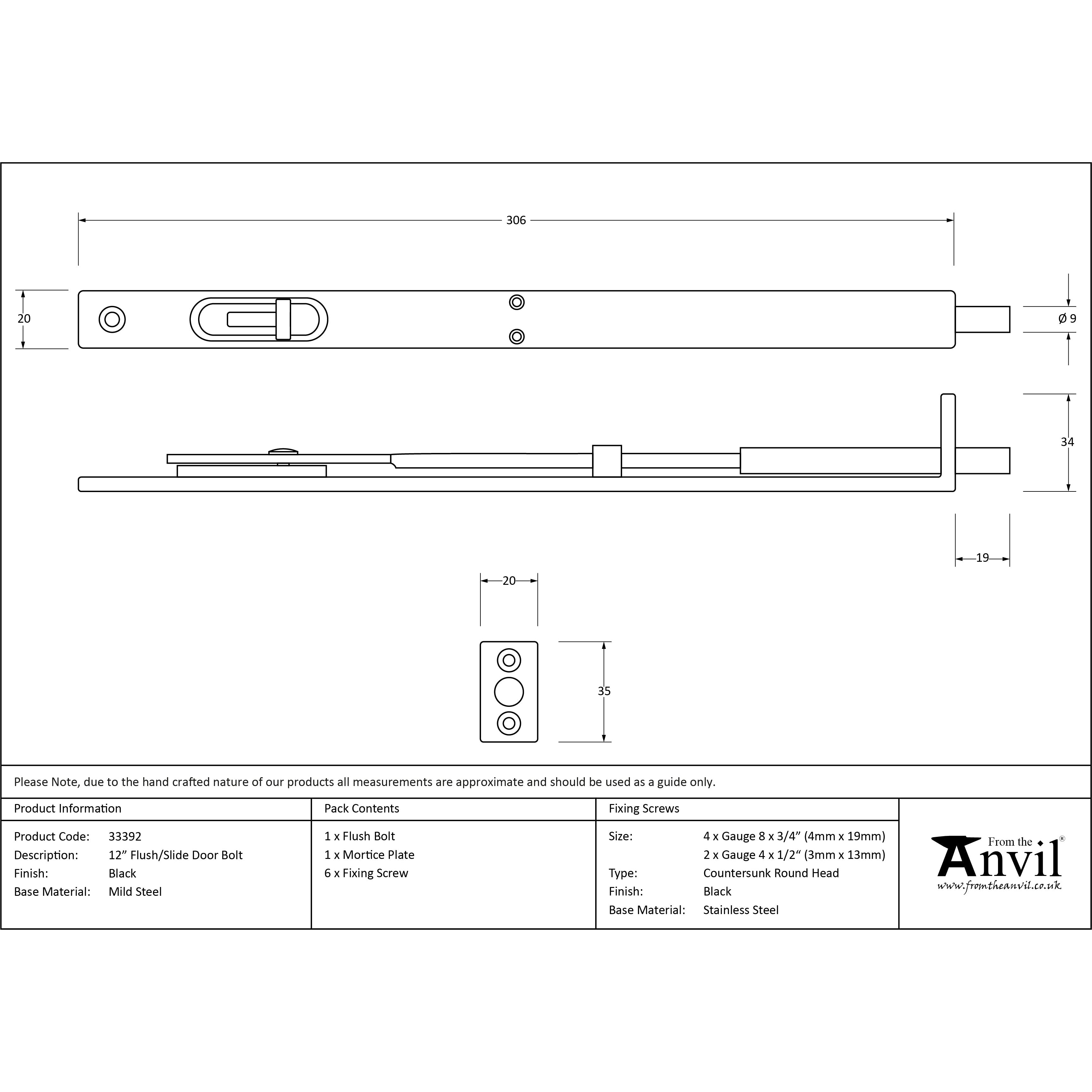 Black 12" Flush/Slide Door Bolt | From The Anvil-Bolts-Yester Home