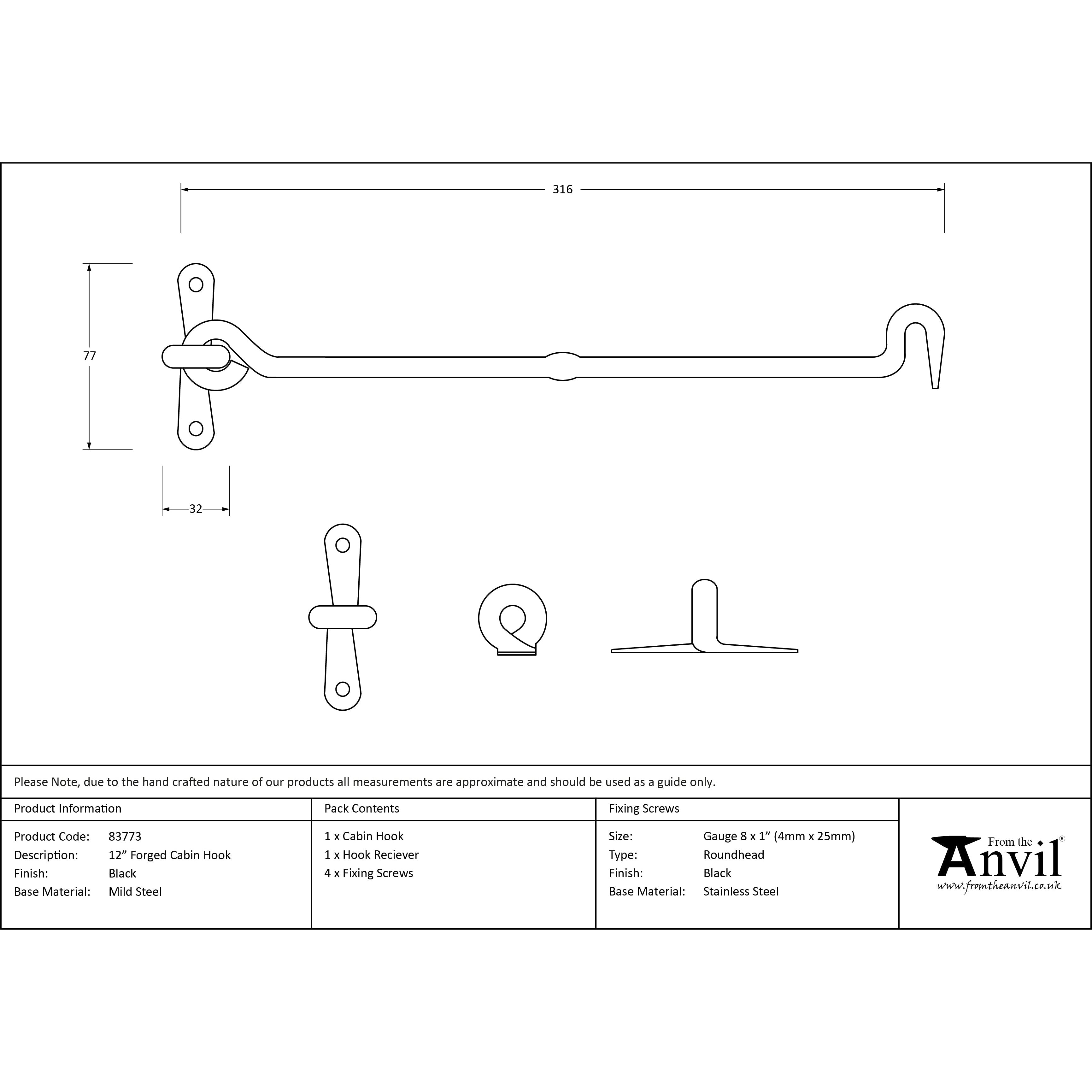 Black 12" Forged Cabin Hook | From The Anvil-Cabin Hooks-Yester Home