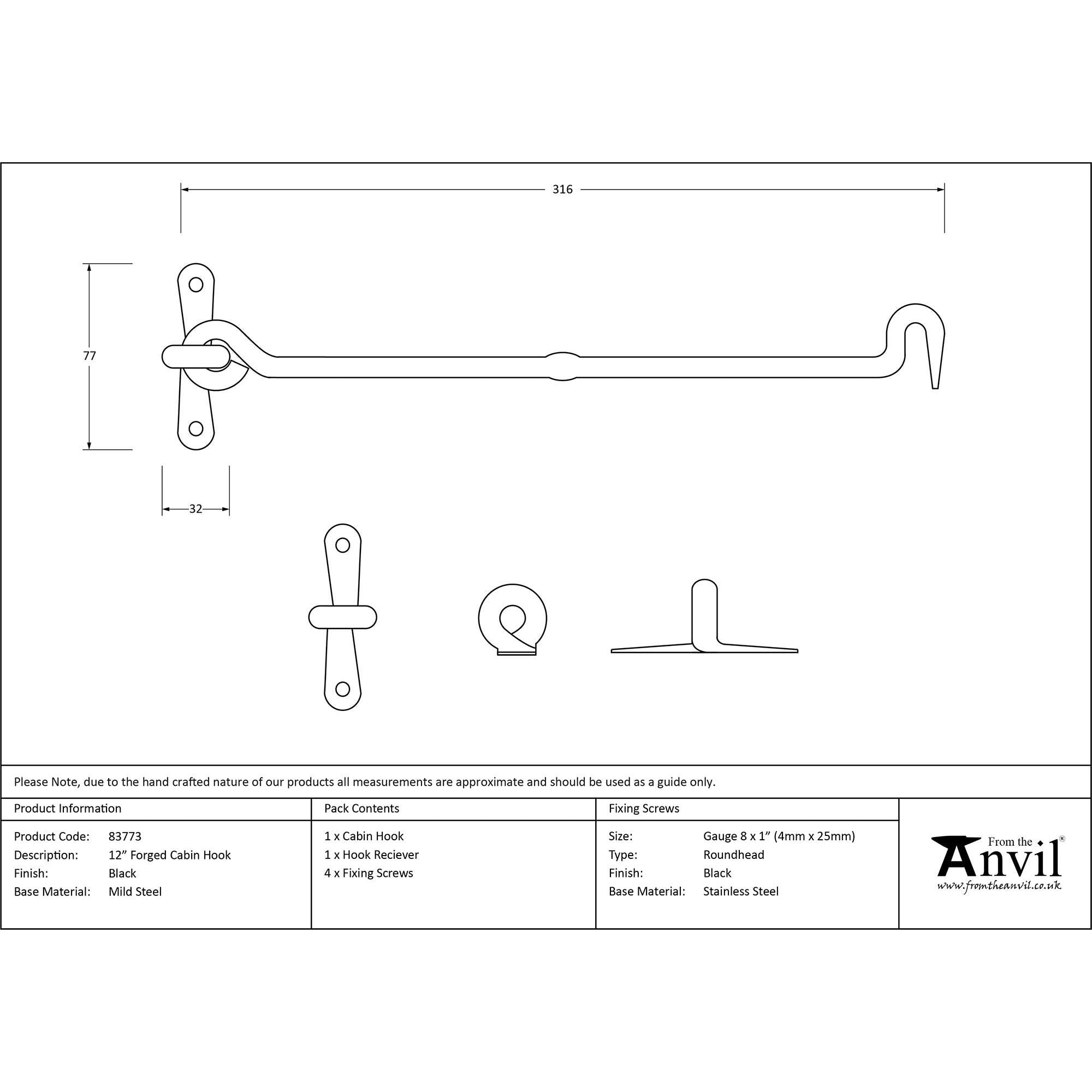 Black 12" Forged Cabin Hook | From The Anvil - Cabin Hooks - From The Anvil - Yester Home