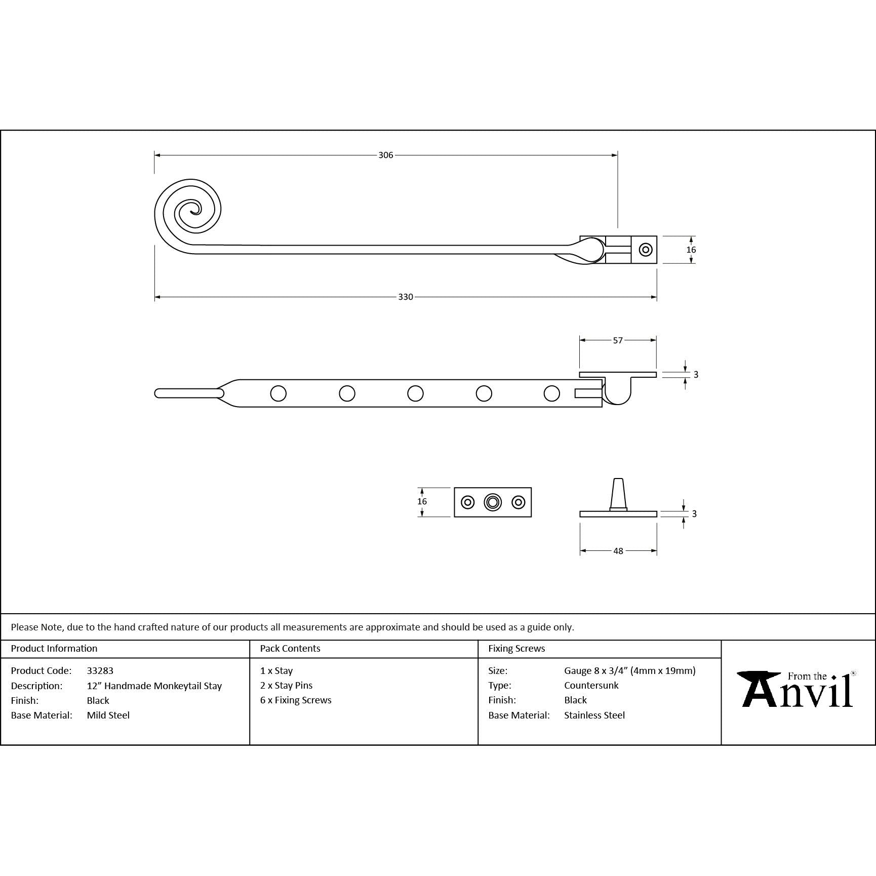 Black 12" Handmade Monkeytail Stay | From The Anvil - Stays - From The Anvil - Yester Home