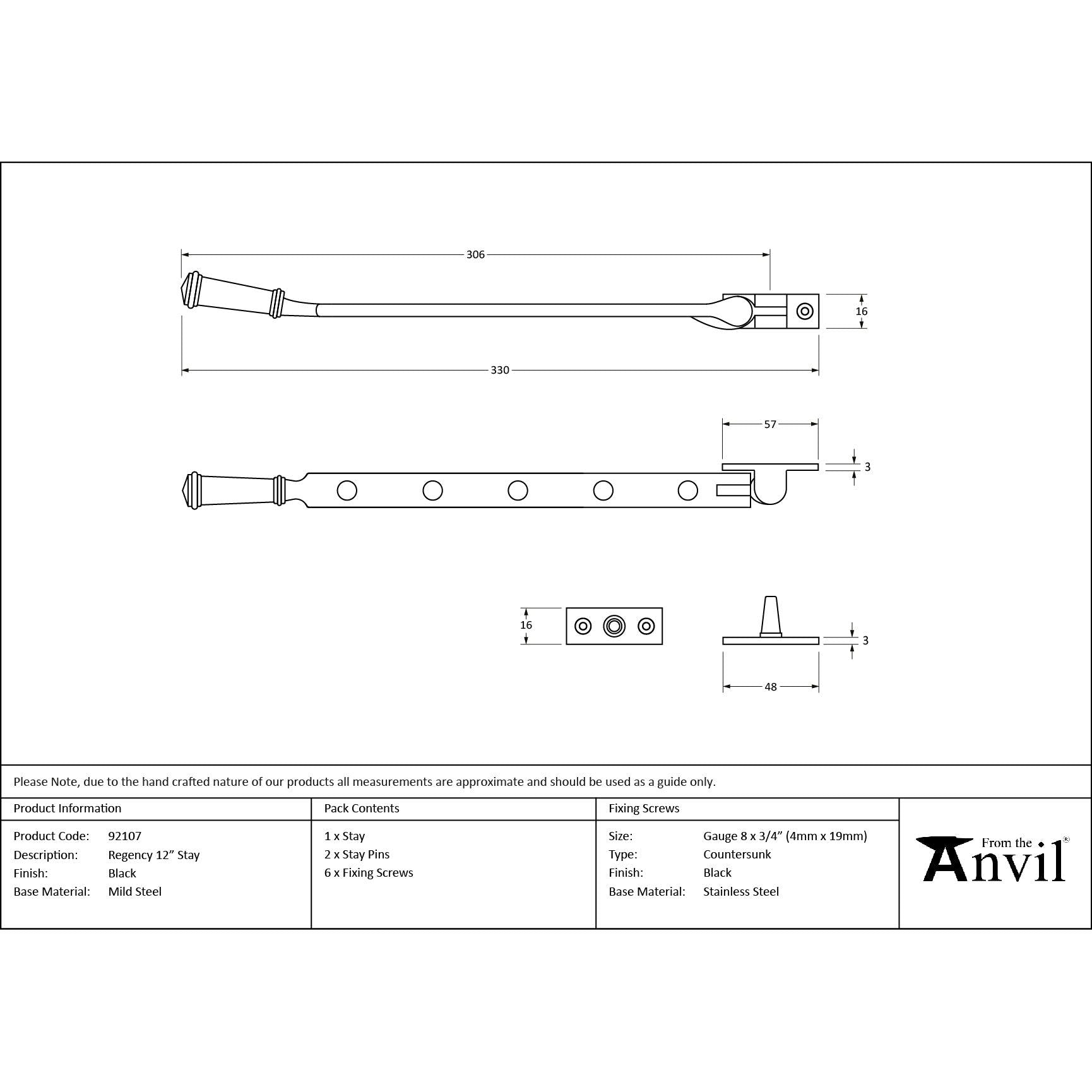 Black 12" Regency Stay | From The Anvil - Stays - From The Anvil - Yester Home