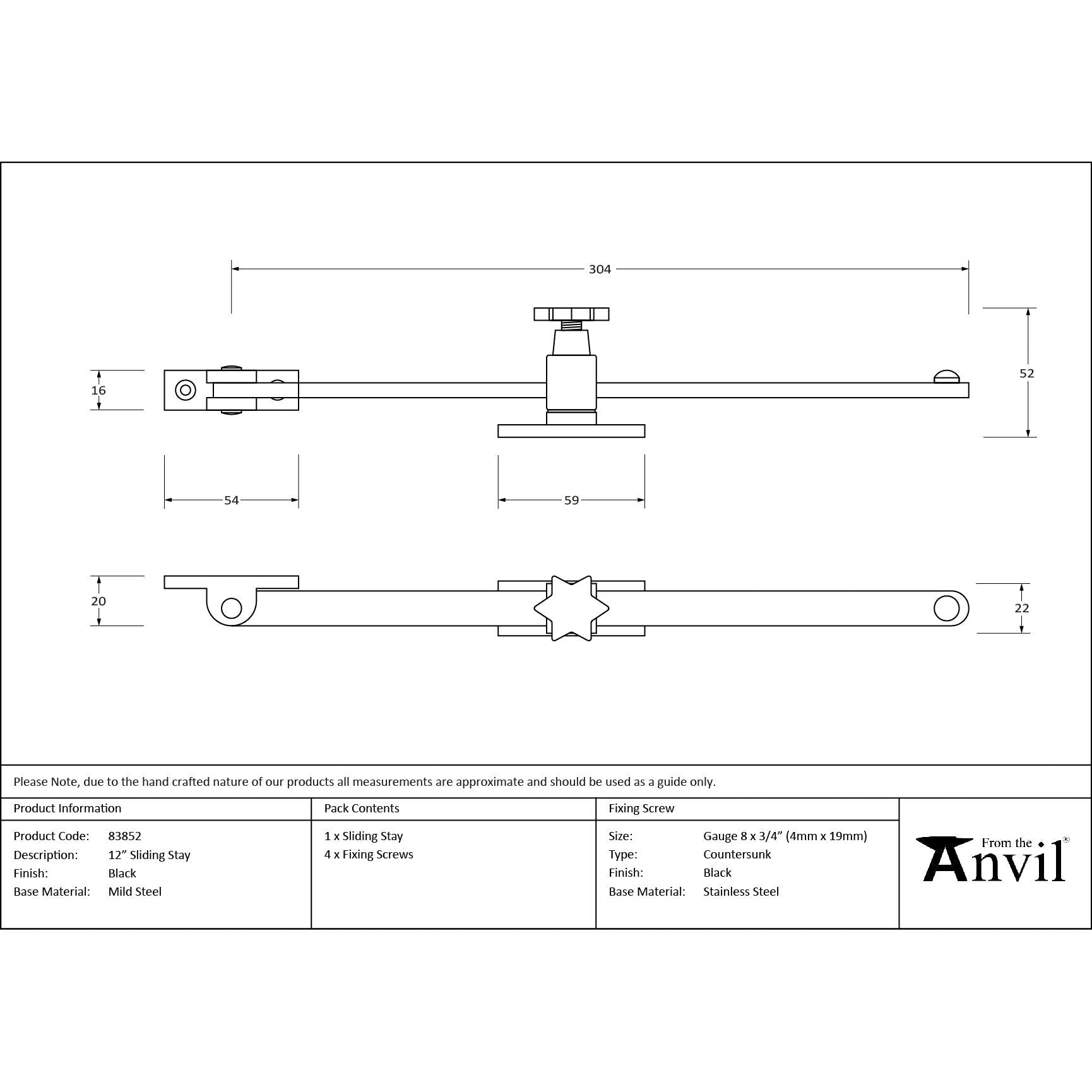 Black 12" Sliding Stay | From The Anvil - Stays - From The Anvil - Yester Home