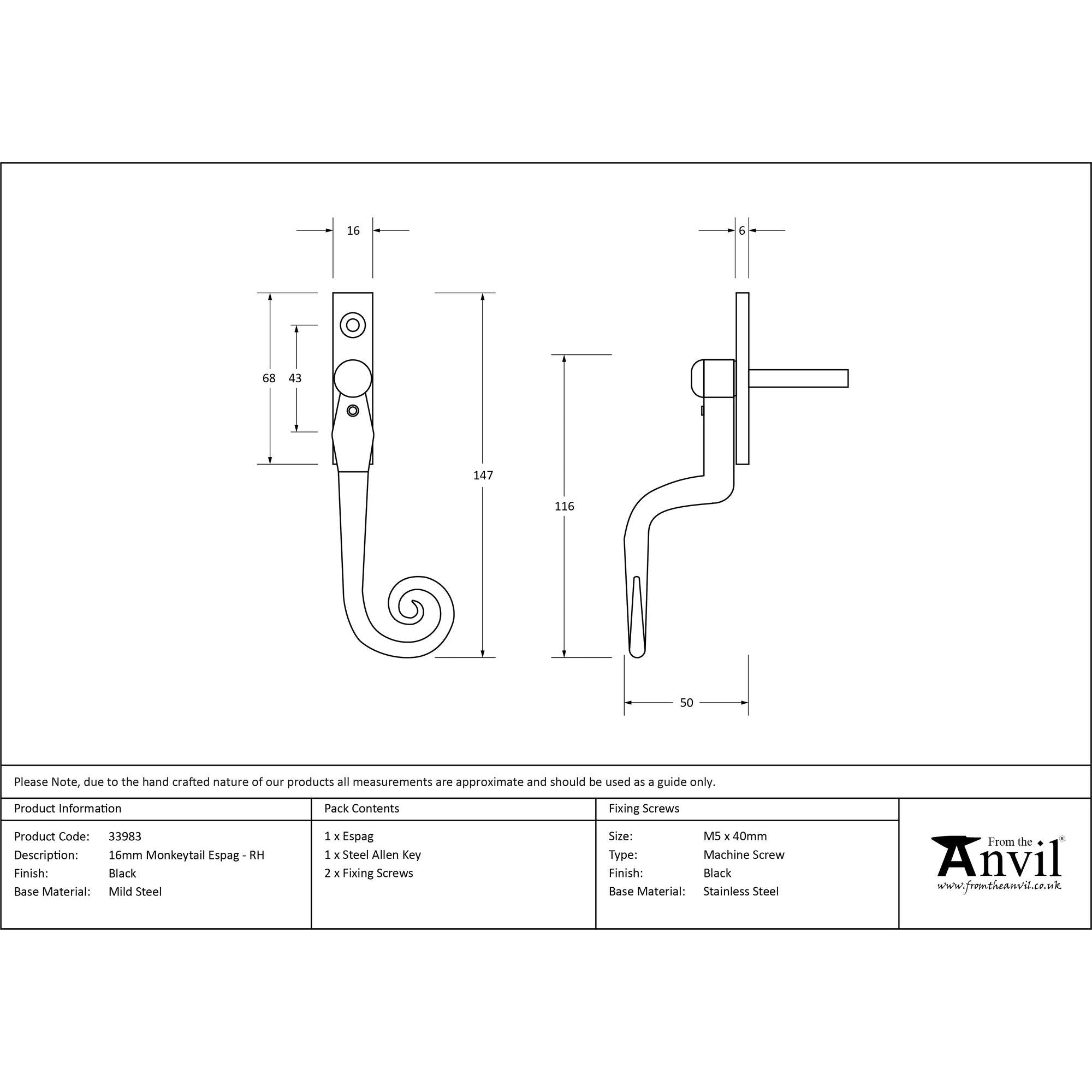Black 16mm Monkeytail Espag - RH | From The Anvil - Espag. Fasteners - From The Anvil - Yester Home