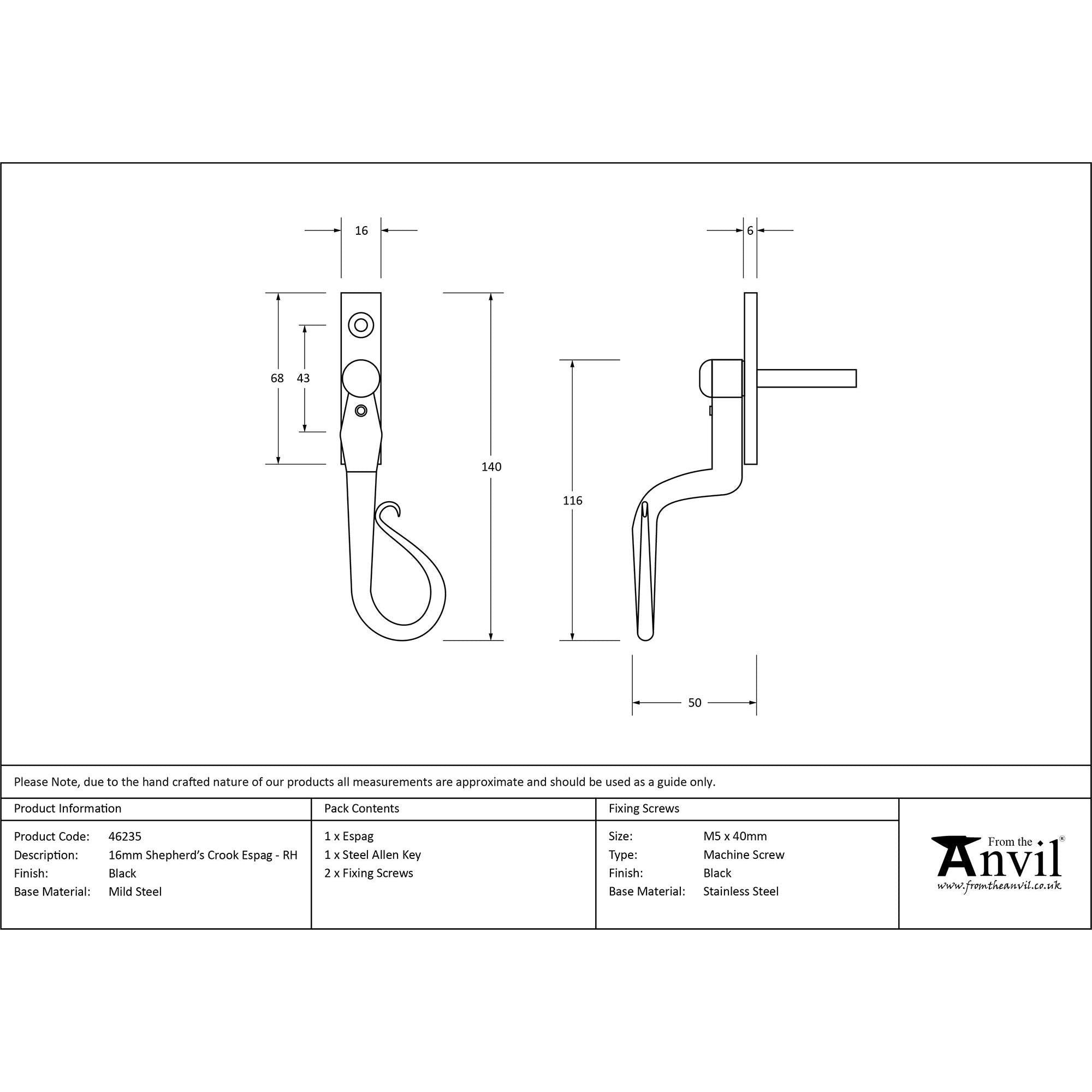 Black 16mm Shepherd's Crook Espag - RH | From The Anvil - Espag. Fasteners - From The Anvil - Yester Home