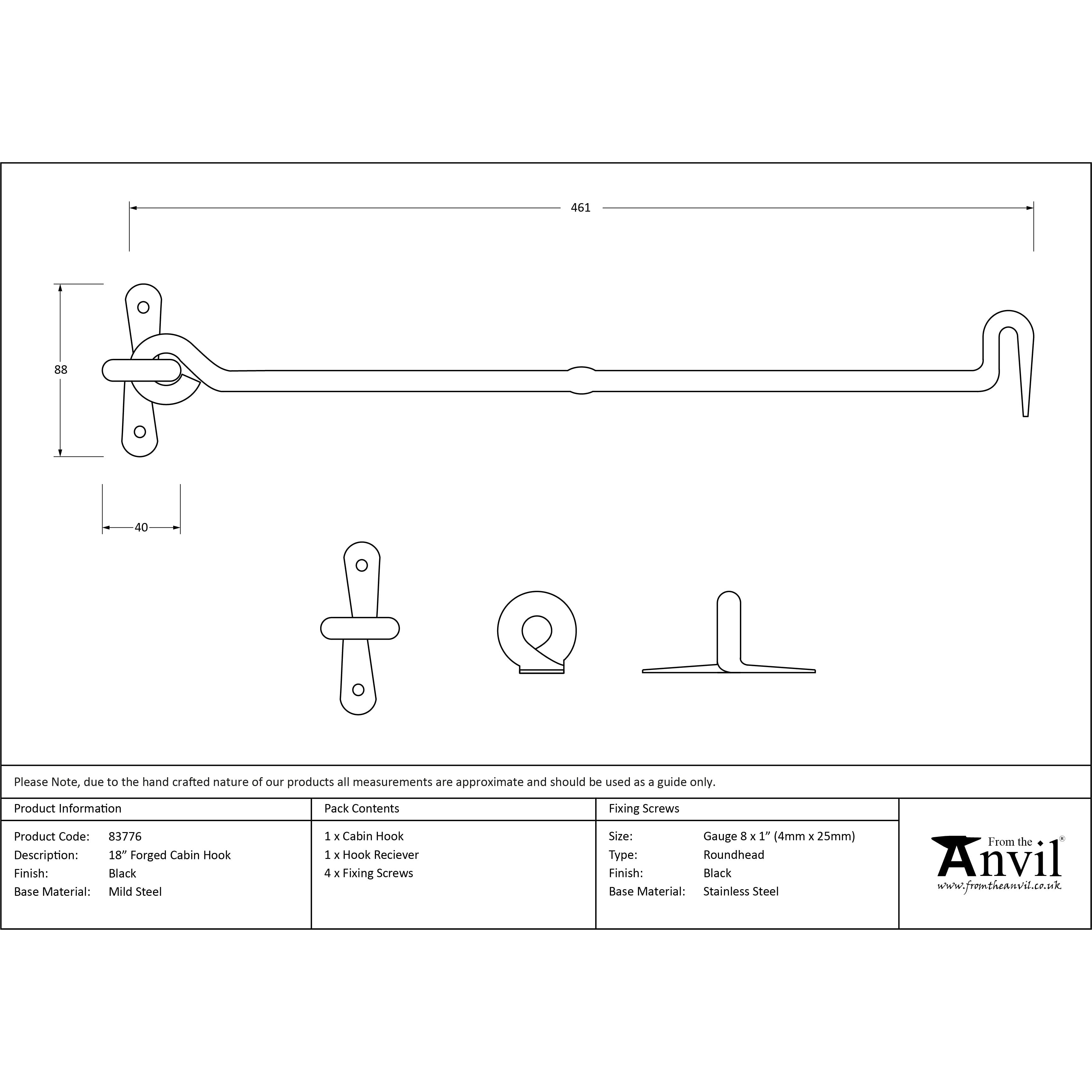 Black 18" Forged Cabin Hook | From The Anvil-Cabin Hooks-Yester Home