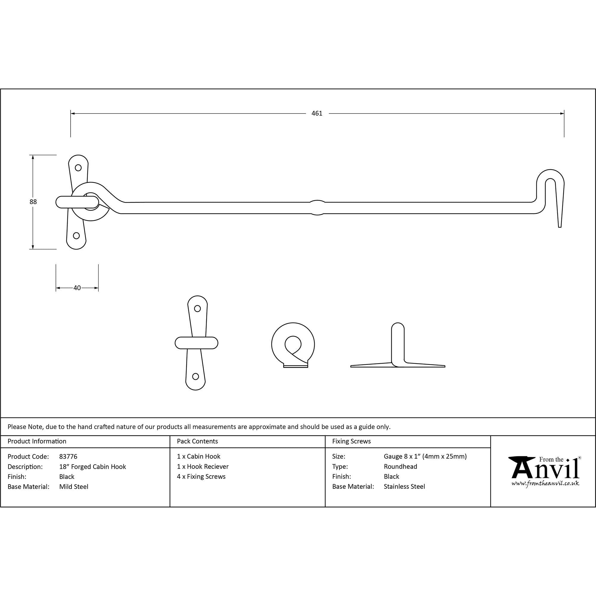 Black 18" Forged Cabin Hook | From The Anvil - Cabin Hooks - From The Anvil - Yester Home