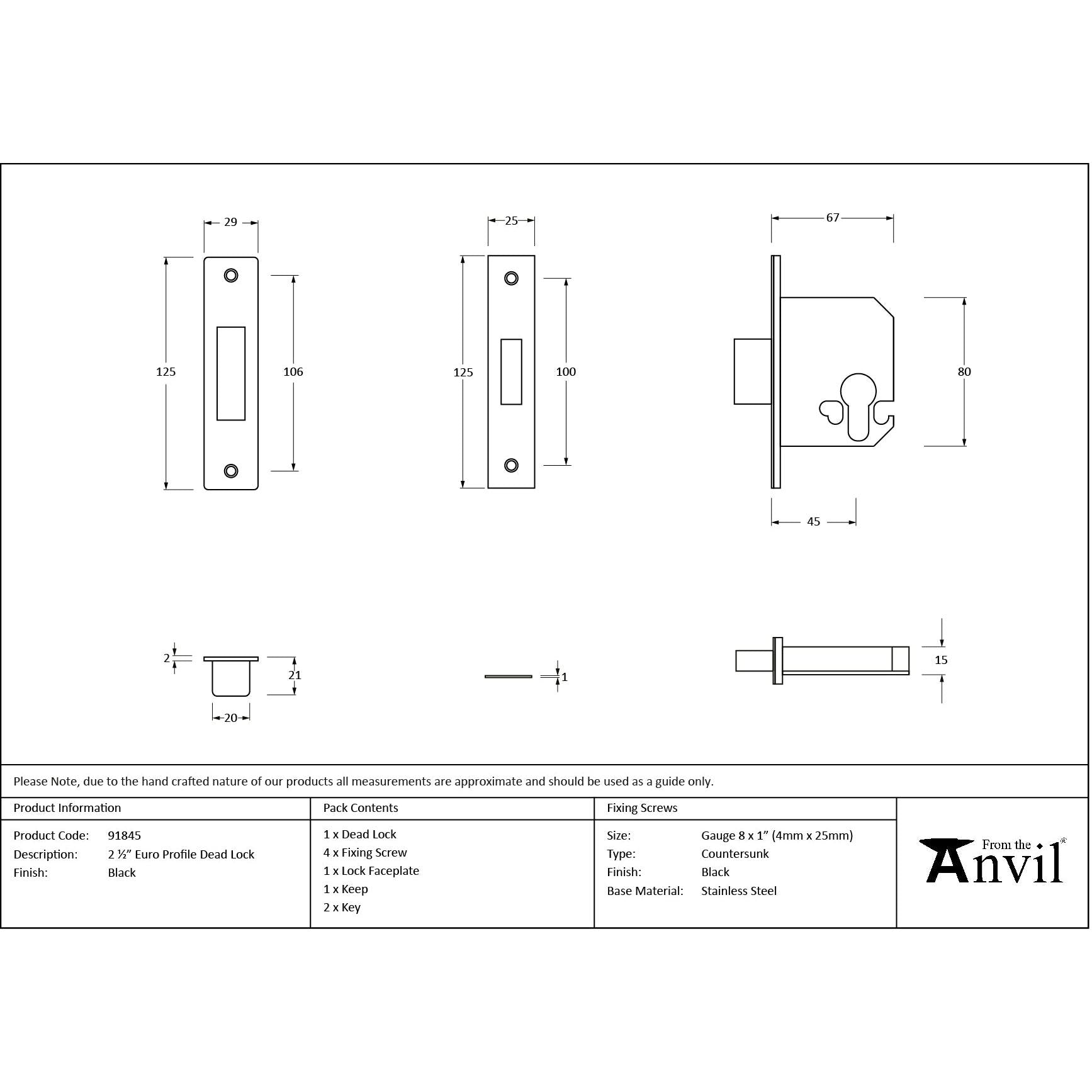 Black 2½" Euro Profile Dead Lock | From The Anvil - Deadlocks & Deadbolts - From The Anvil - Yester Home