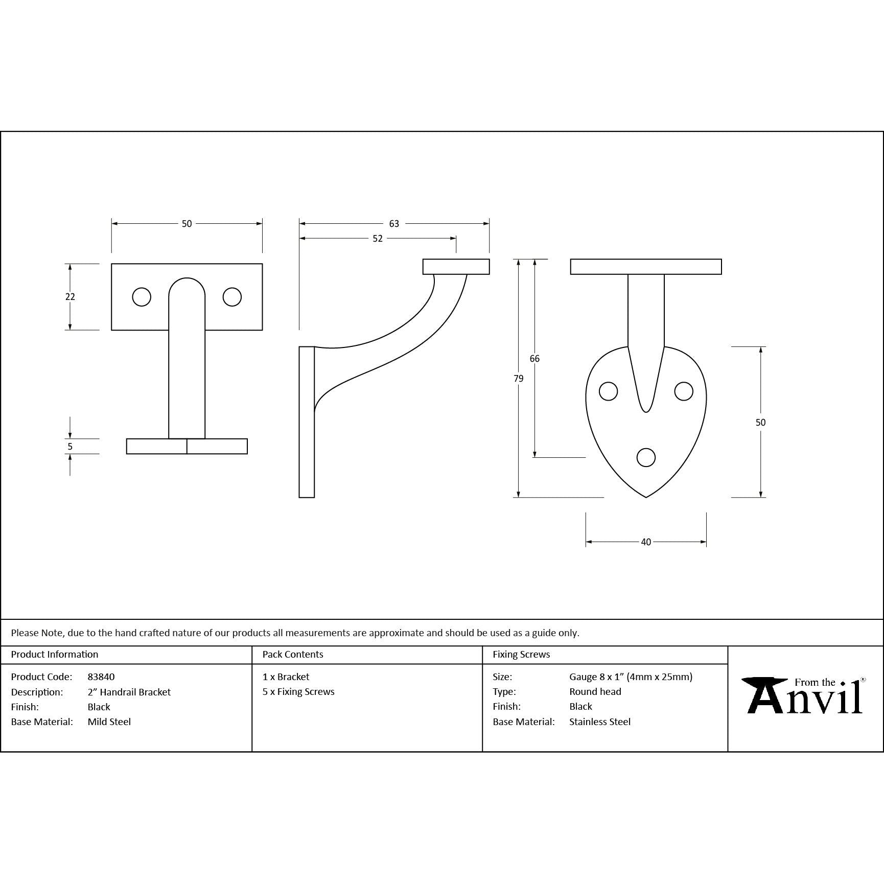 Black 2" Handrail Bracket | From The Anvil - Handrail Brackets - From The Anvil - Yester Home