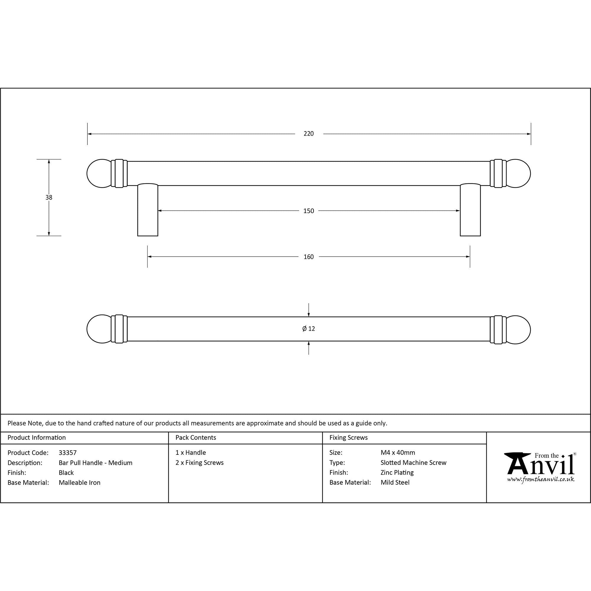 Black 220mm Bar Pull Handle | From The Anvil - Pull Handles - From The Anvil - Yester Home
