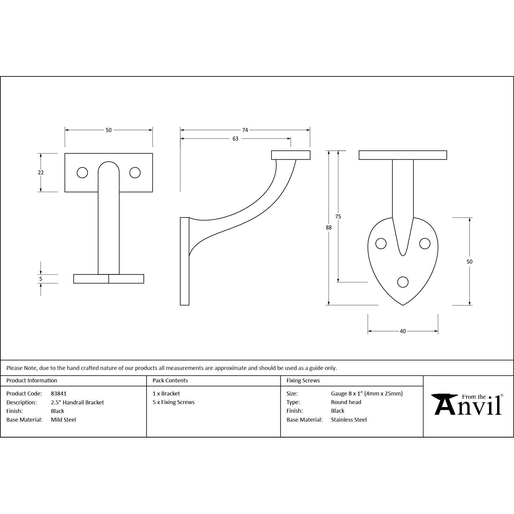 Black 2.5" Handrail Bracket | From The Anvil - Handrail Brackets - From The Anvil - Yester Home