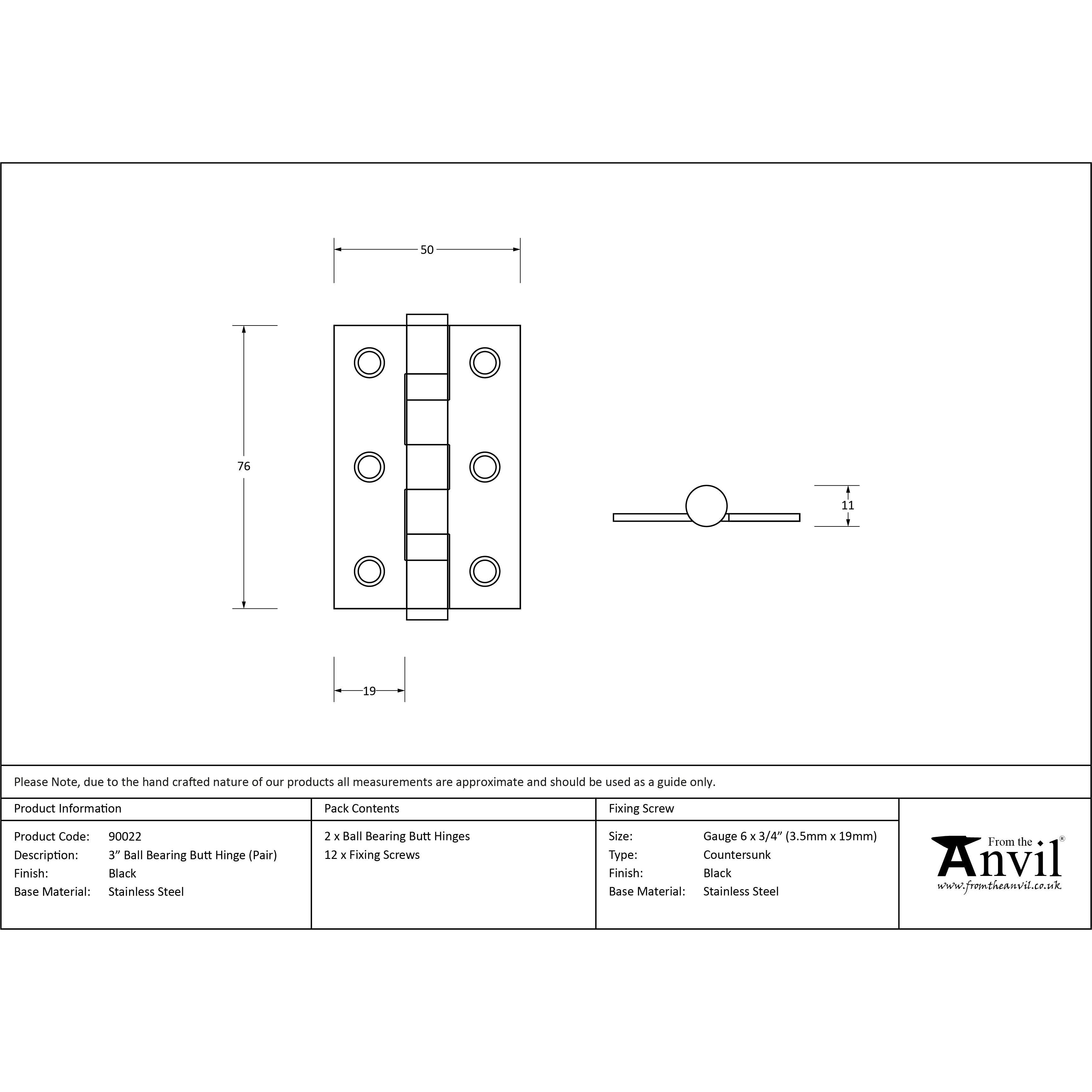 Black 3" Ball Bearing Butt Hinge (Pair) ss | From The Anvil-Butt Hinges-Yester Home