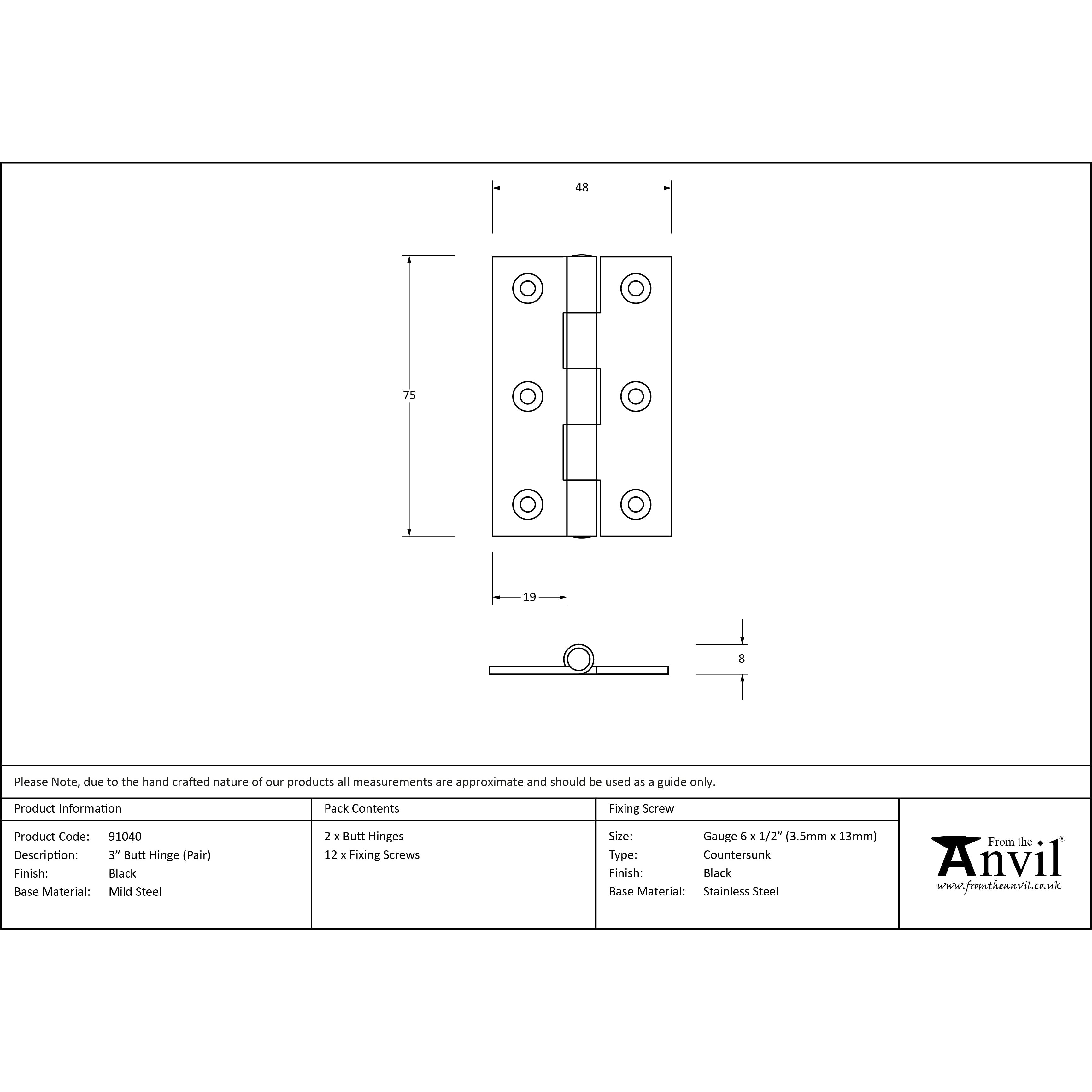 Black 3" Butt Hinge (pair) | From The Anvil-Butt Hinges-Yester Home