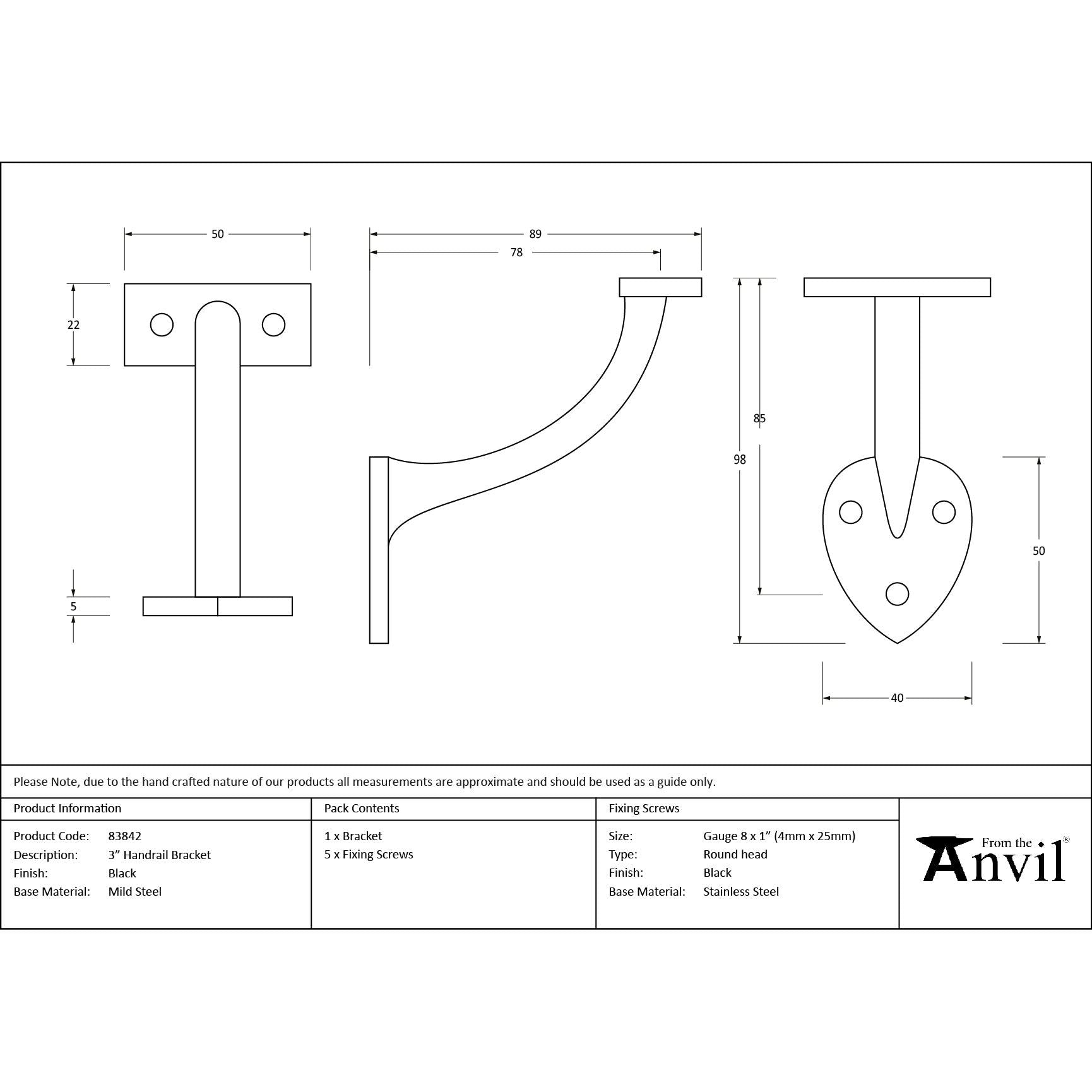 Black 3" Handrail Bracket | From The Anvil - Handrail Brackets - From The Anvil - Yester Home