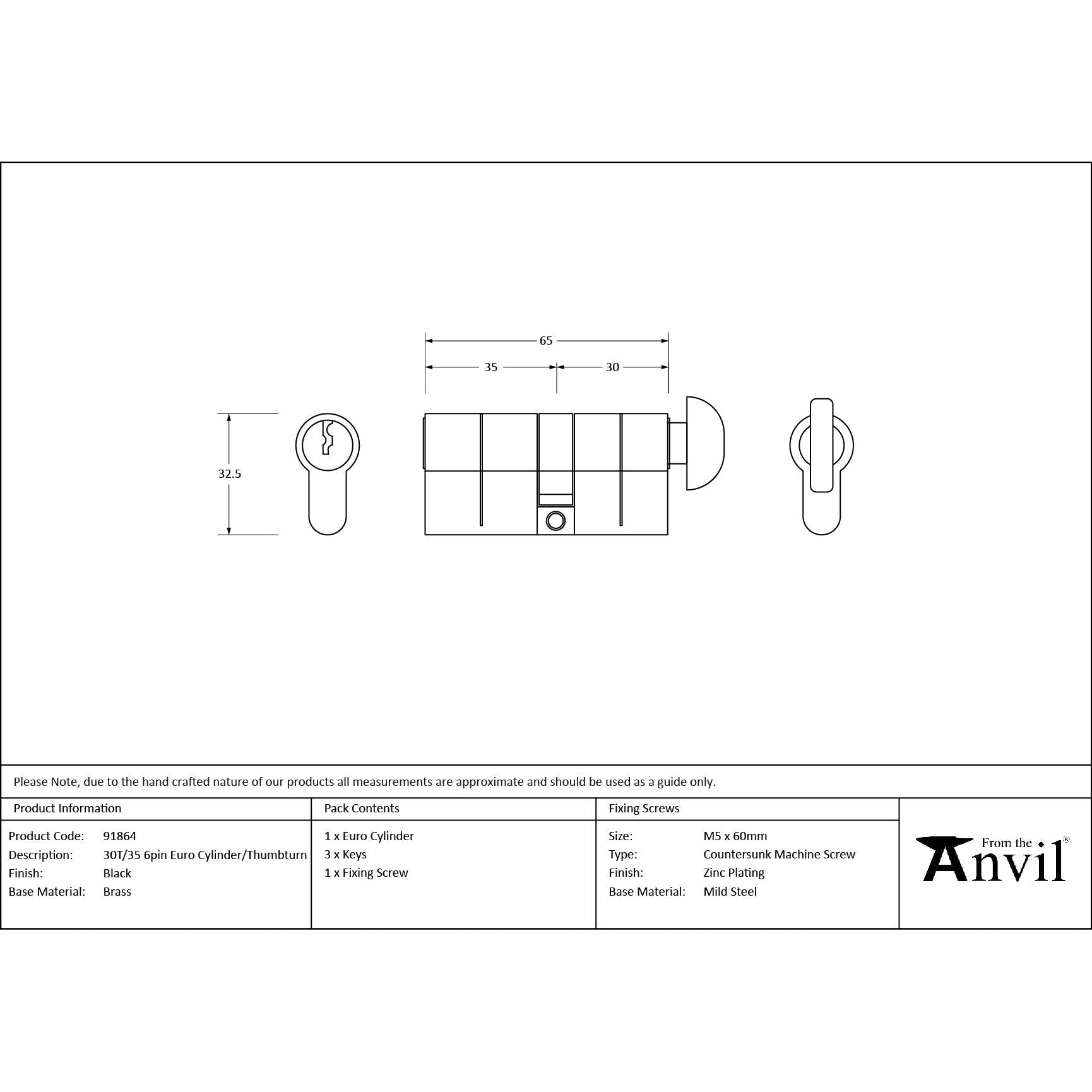 Black 30T/35 6pin Euro Cylinder/Thumbturn | From The Anvil - Euro Cylinders - From The Anvil - Yester Home