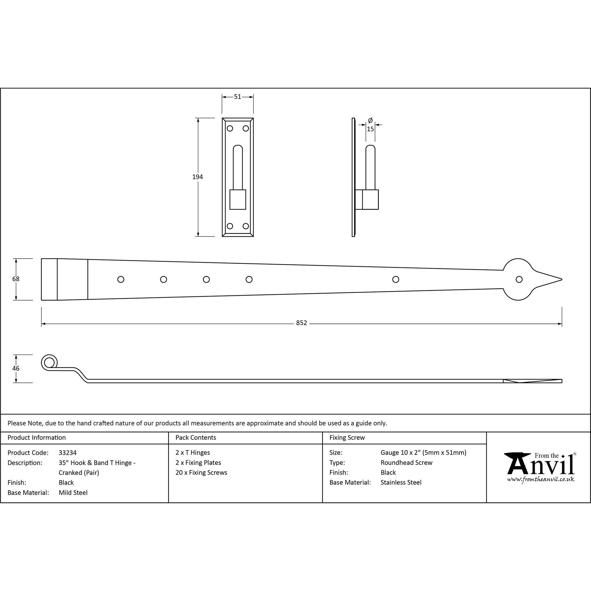 Black 35" Hook & Band Hinge - Cranked (pair) | From The Anvil - Hook & Band Hinges - From The Anvil - Yester Home