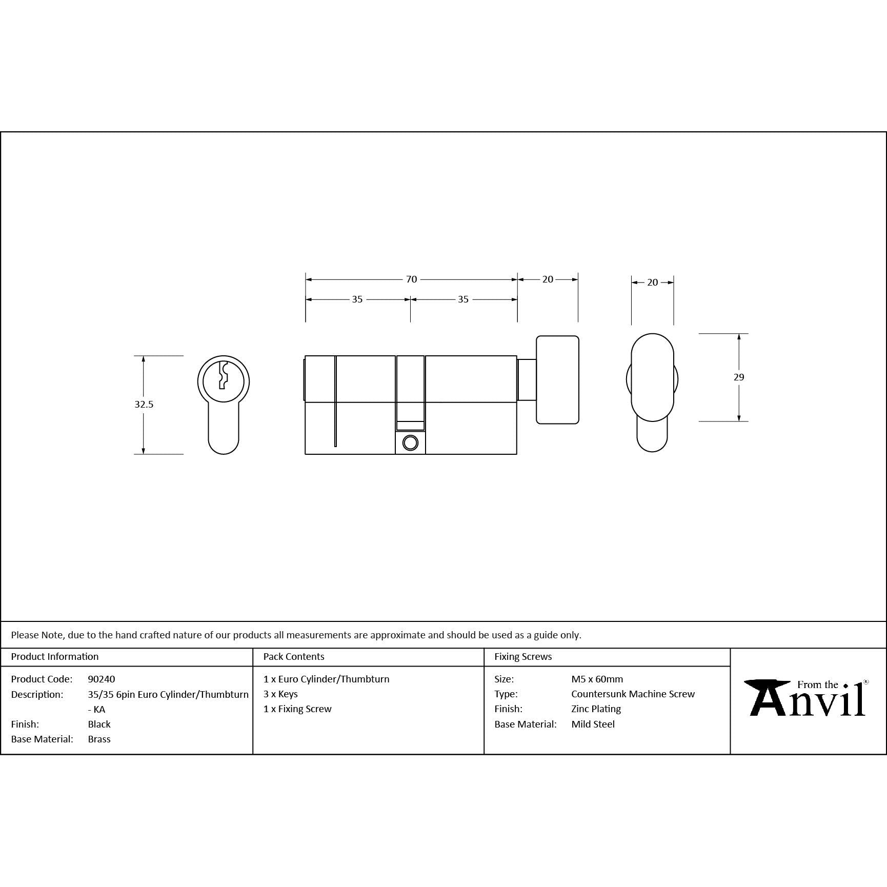 Black 35/35 6pin Euro Cylinder/Thumbturn KA | From The Anvil - Euro Cylinders - From The Anvil - Yester Home