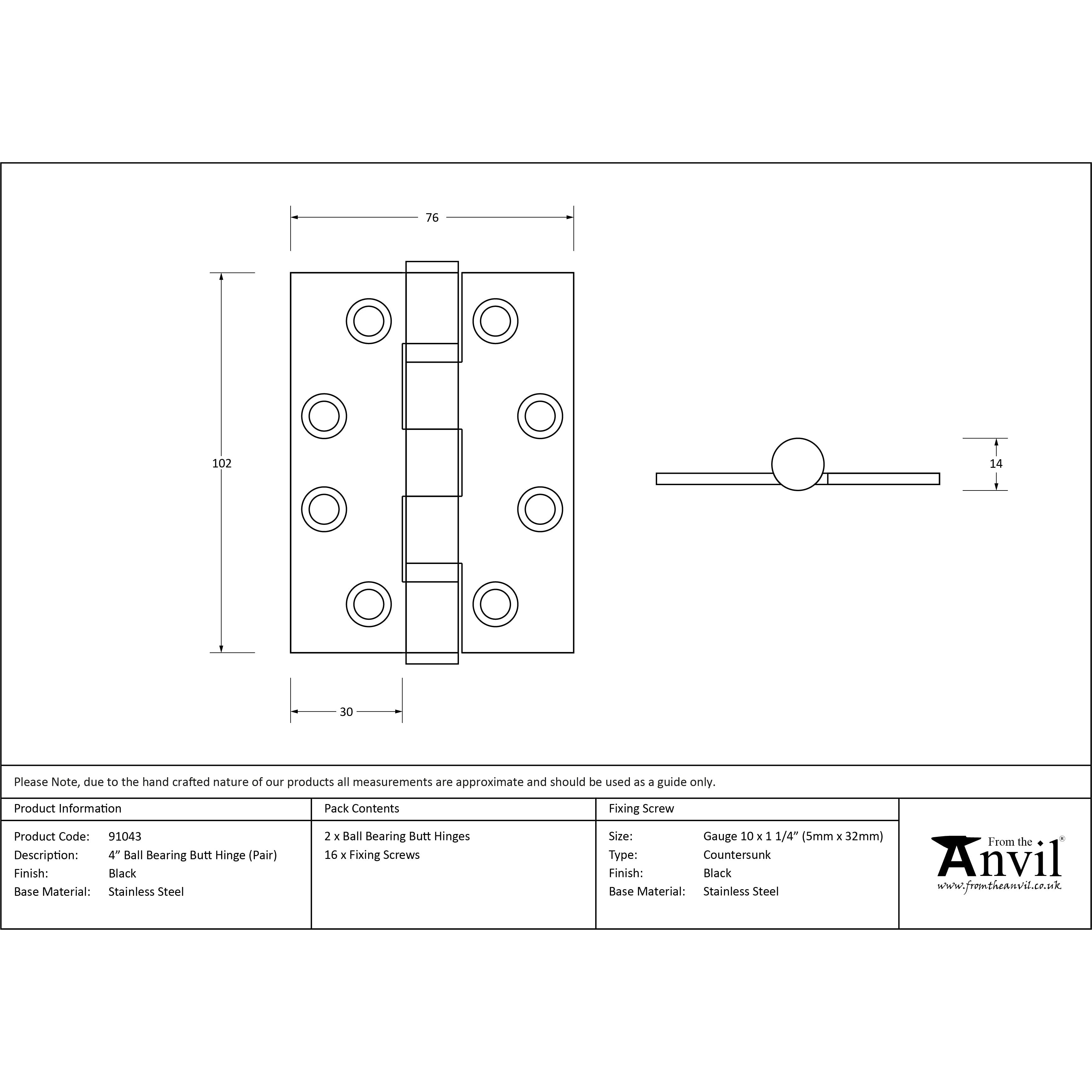Black 4" Ball Bearing Butt Hinge (pair) | From The Anvil-Butt Hinges-Yester Home