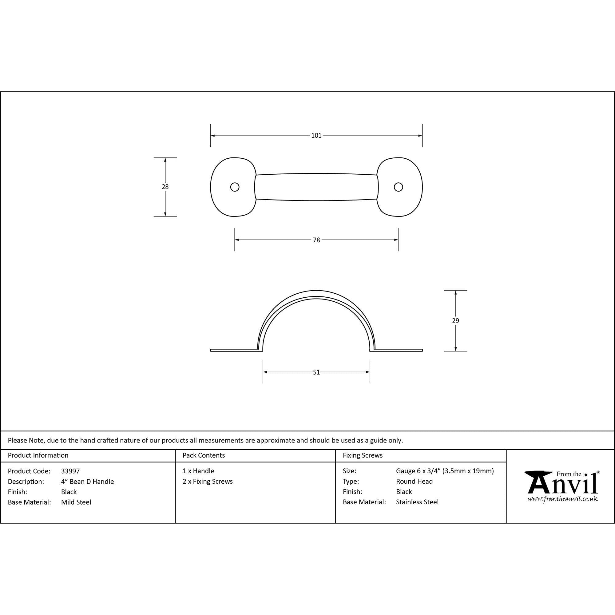 Black 4" Bean D Handle | From The Anvil - D Handles - From The Anvil - Yester Home