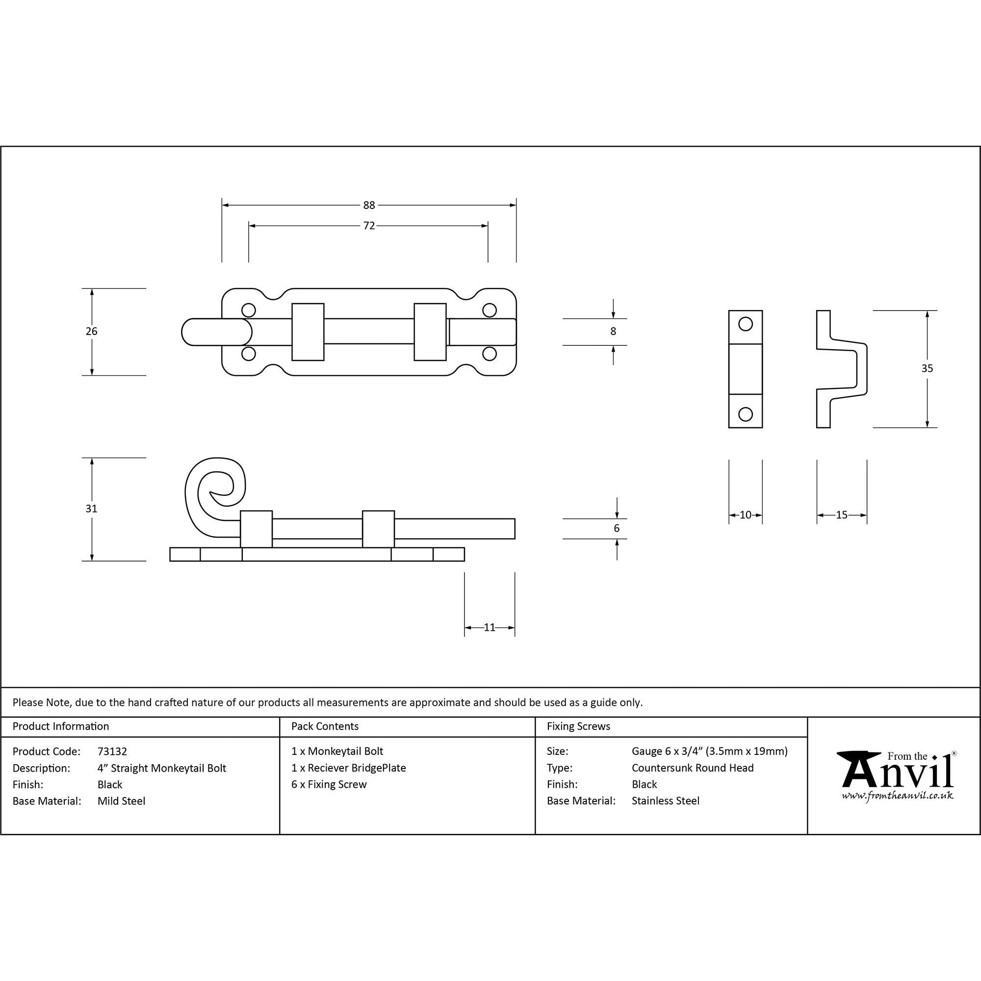 Black 4" Straight Monkeytail Bolt | From The Anvil - Bolts - From The Anvil - Yester Home