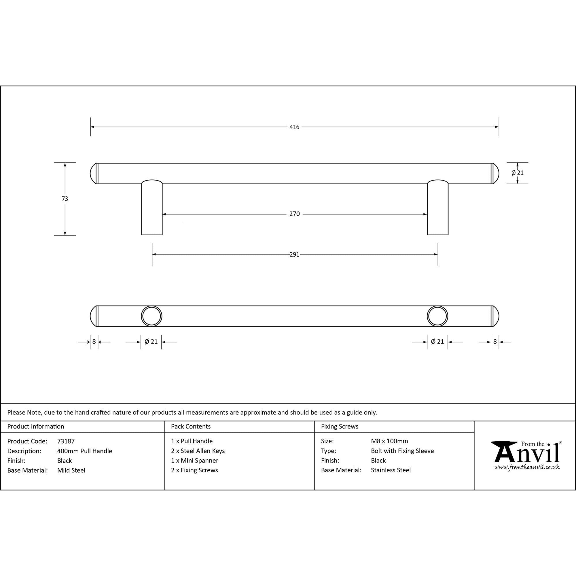 Black 400mm Pull Handle | From The Anvil - Door Pull Handles - From The Anvil - Yester Home
